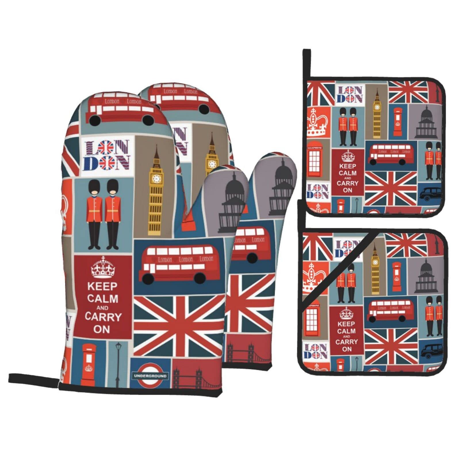 England Symbols Oven Mitt and Pot Holder 4-Piece Set for Kitchen, Outdoor Grill, Baking