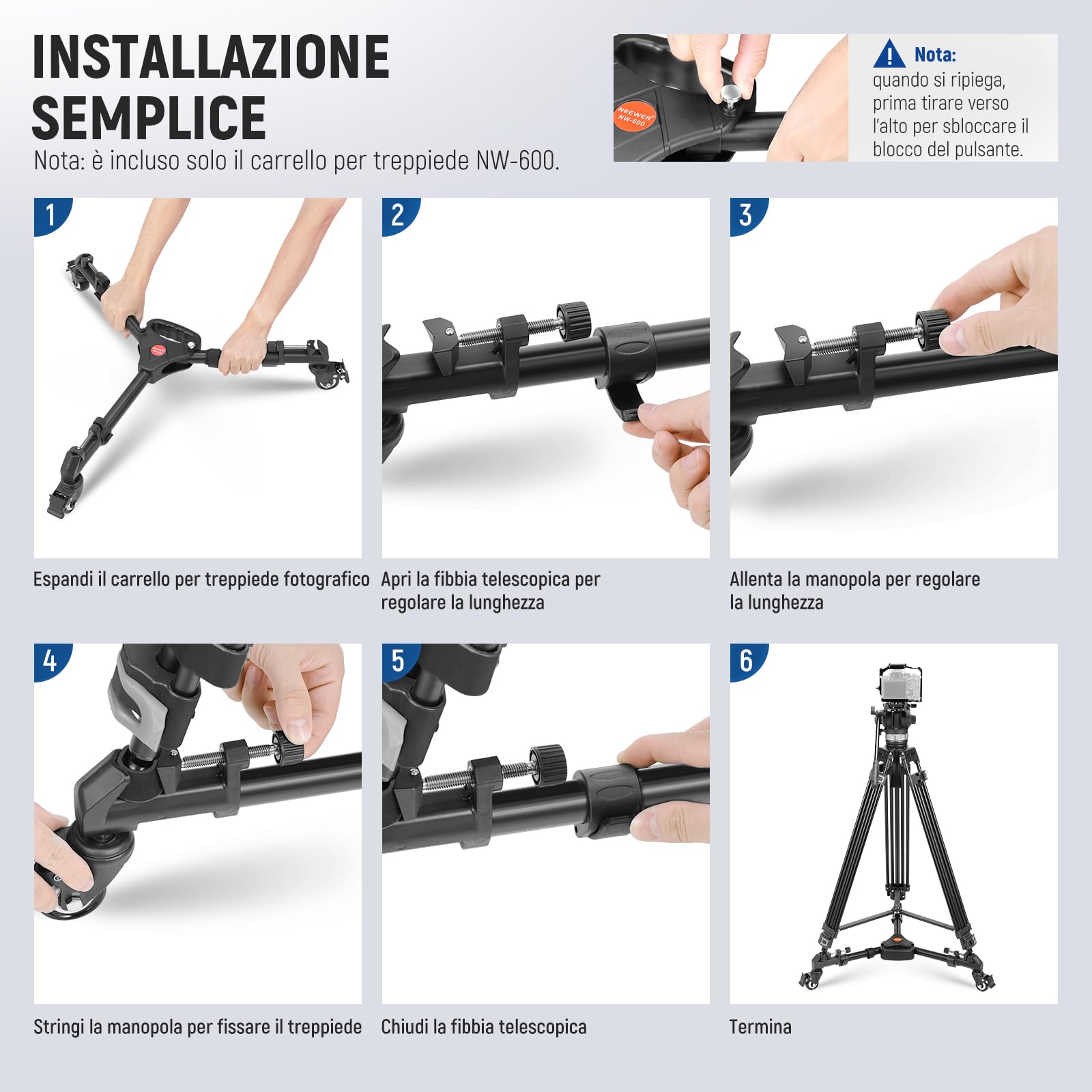 Neewer Dolly Carrello Base di Treppiede con Ruote in Gomma e Montatura Regolabile di Gambe per Fotocamera DSLR e Videocamera Canon Nikon Sony