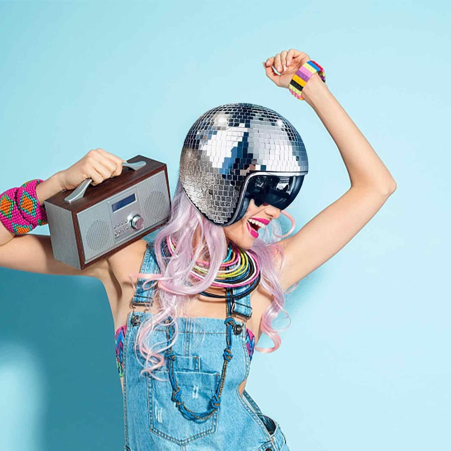 Casque de bal disco, casque de bal disco, casque de boule à paillettes miroir, avec visière rétractable, pour fête DJ