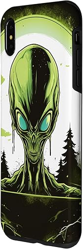 Vista 14 de iPhone 15 Pro Max Cute Green Alien Head UFO Space Face Alien Case