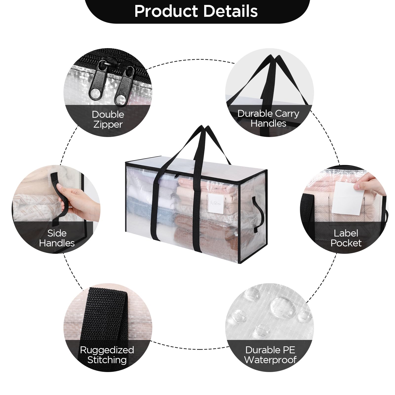 Cozary 94L Borsa Portaoggetti Grande, 4 Pezzi Impermeabile Borse Trasloco per Vestiti con Cerniera e Maniglia, Pieghevole Scatole Armadio per Vestiti, Piumoni,Trapunte, Trasparente