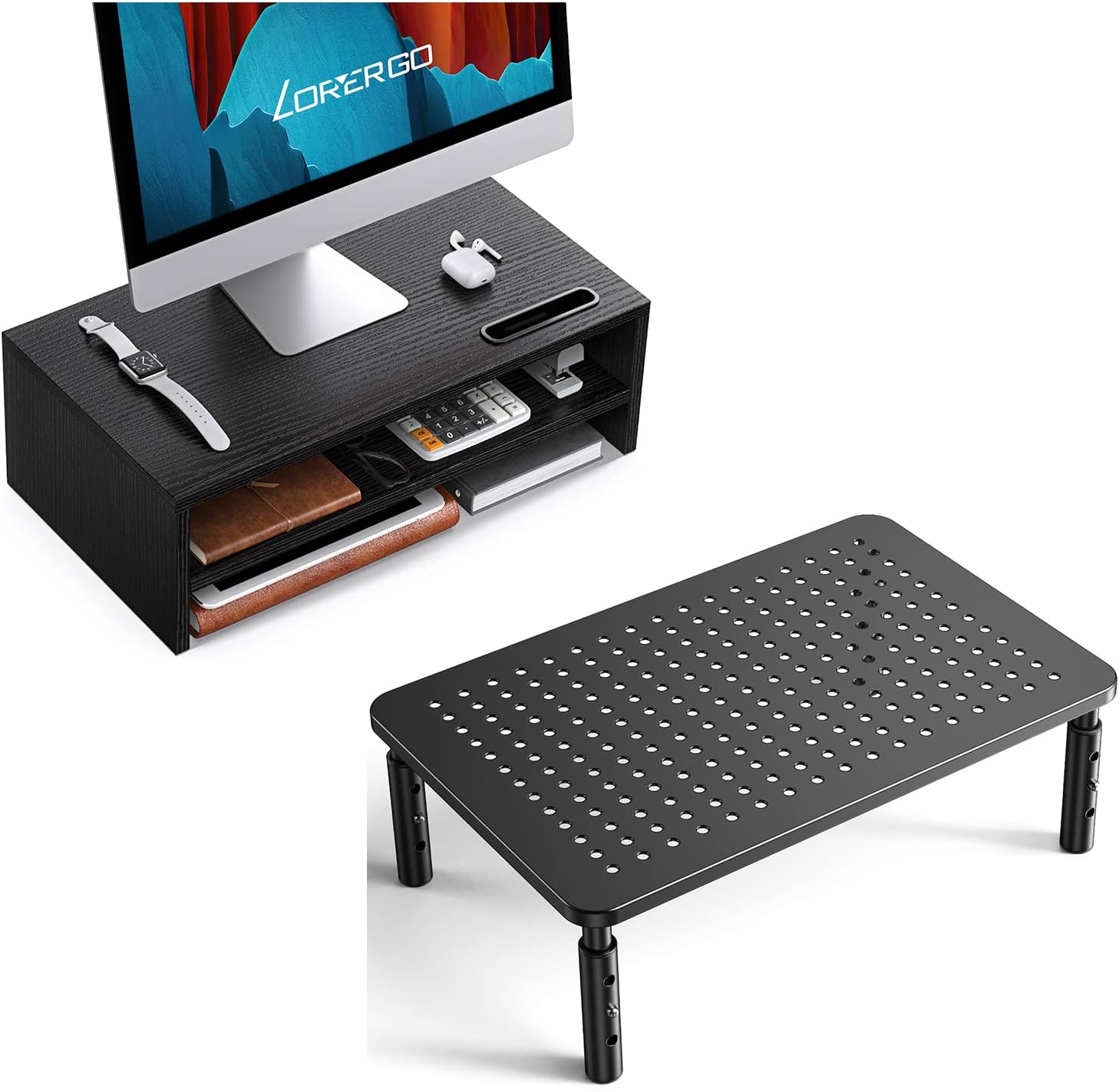 LORYERGO Pack of 2, Wooden Black Monitor Stand x 1, Metal