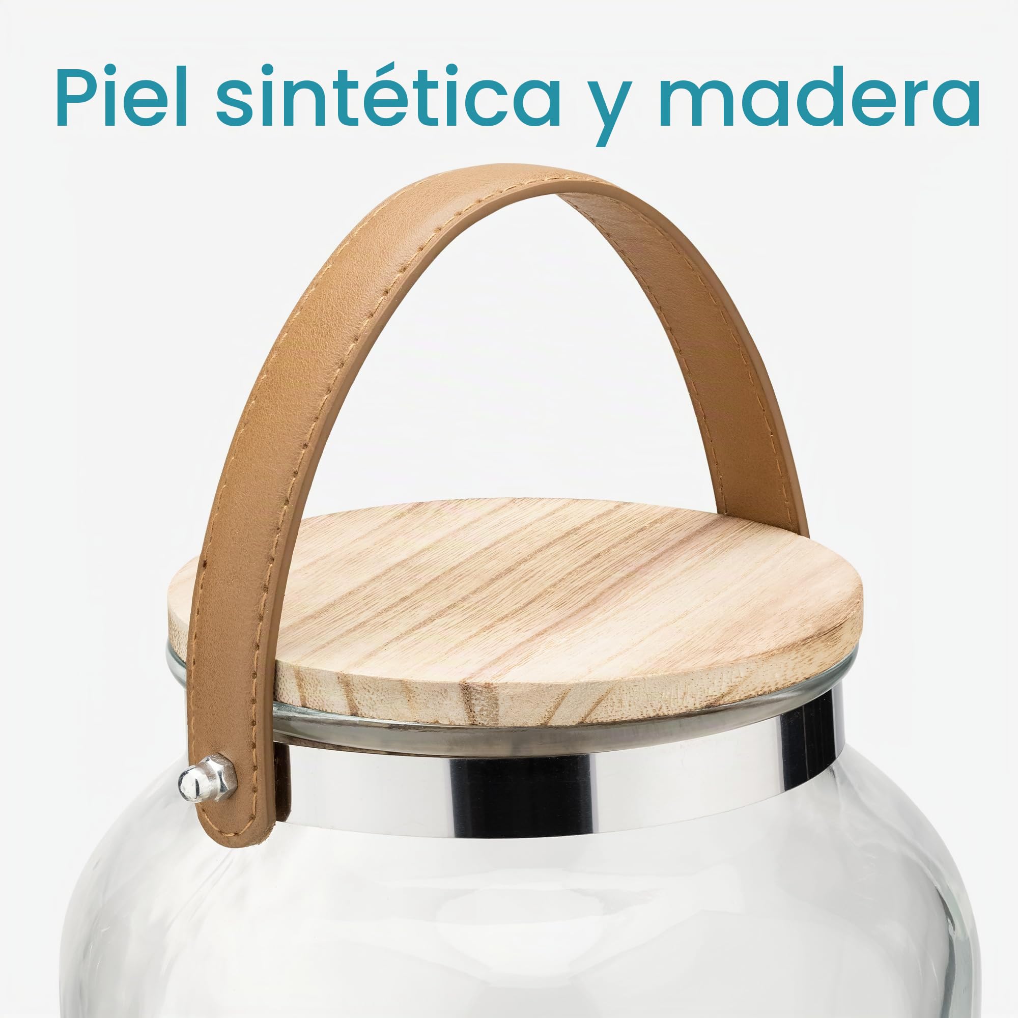 Navaris Dispensador de bebidas - Garrafa de cristal con grifo asa de cuero y soporte de madera - Jarra 5,6 l para agua bebida limonada con dosificador