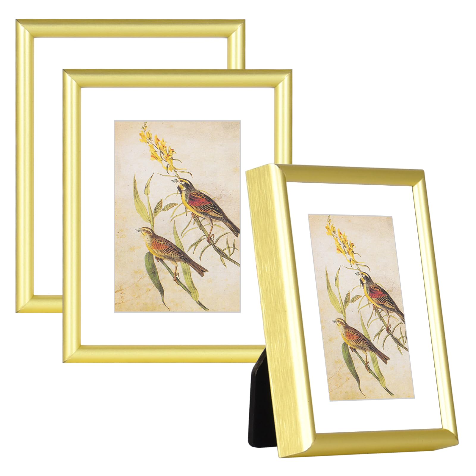 3x4 Picture Frame Set of 3, Matte Gold Modern Thin Aluminum Metal Photo Frame with HD Glass, Fits 2x3 with Mat or 3 x 4 without Mat, for Tabletop and Wall Mounting