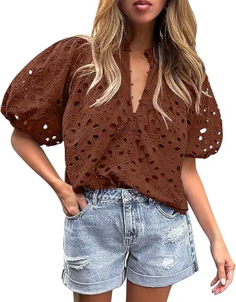 BETTE BOUTIK Women's Long Short Sleeve Tops 2025 Dressy Casual Button Hollow Out Lace Embroidered Blouses Shirts