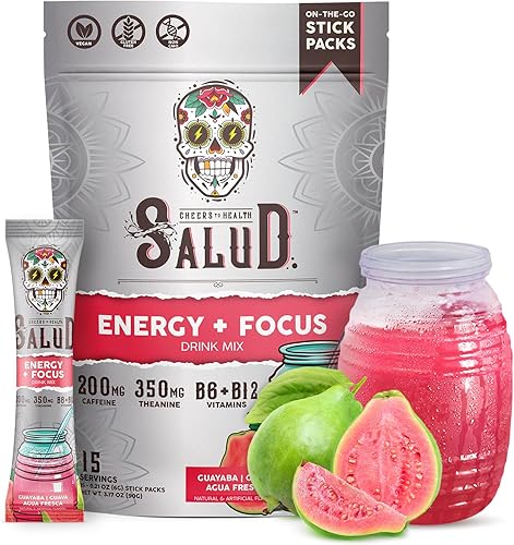 Salud - Bebida energética 2 en 1 en polvo + enfoque, guayaba, cafeína orgánica, B6 + B12, teanina, paquetes de bebida energética limpia, mezcla de