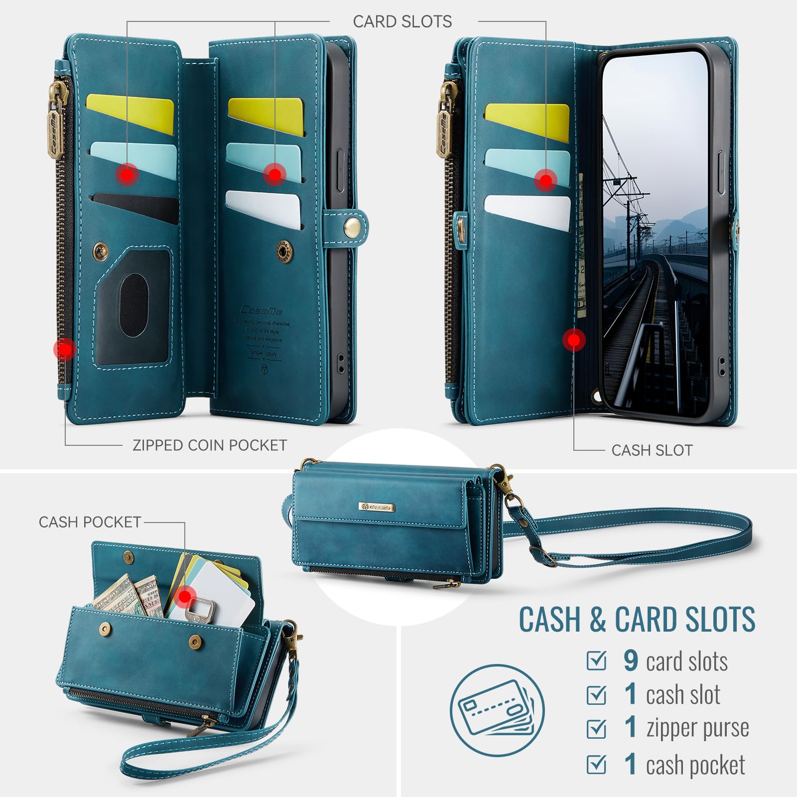 Etui portfelowe na iPhone'a 17 Pro, z 9 przegródkami na karty, blokujące RFID, magnetyczne zamknięcie, kieszeń na rachunki gotówkowe, skóra PU, z paskiem na nadgarstek crossbody, zielone