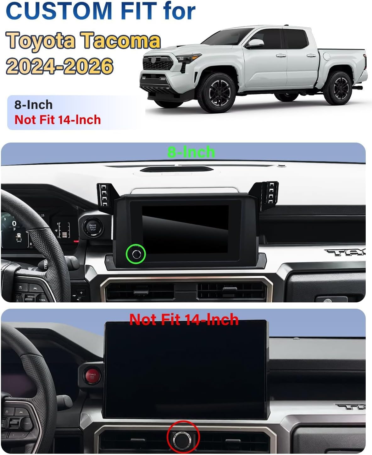Dual Phone Mount for Toyota Tacoma 2024-2026 Accessories 8-Inch Screen Fixed Clip, Car Magnetic Phone Holder for MagSafe, Strong Magnets Fast Wireless Charger Cell Phone Base (Not Fit 14-Inch)
