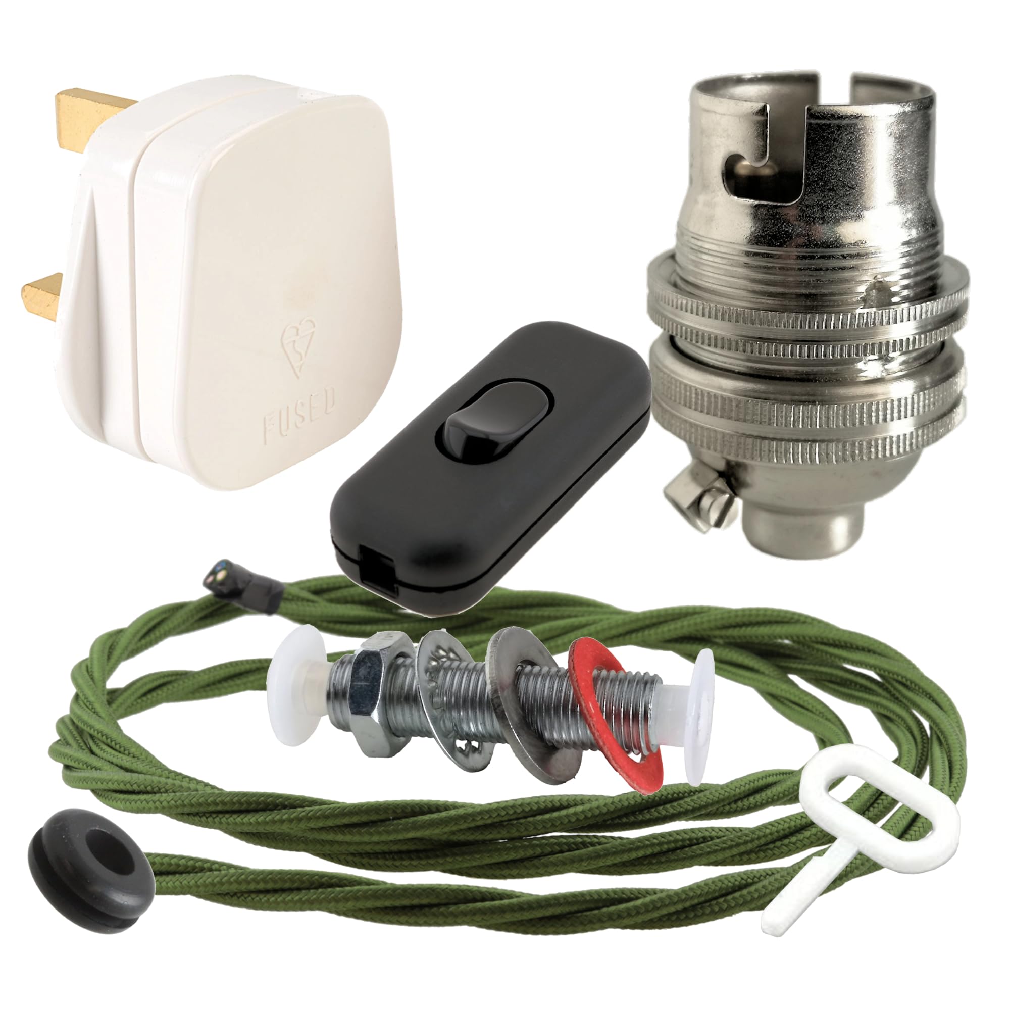 Art Deco Emporium Lamp Repair and Servicing Kit|White Plug|Green Flex|Black Switch|B22 Chrome Finish Lamp Holder — image 1