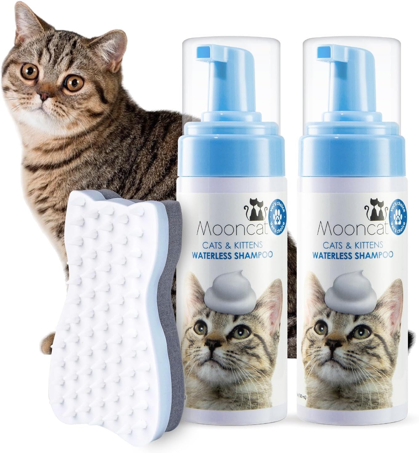 Mooncat Waterless Cat Shampoo with Cat Brush for Dander Reducing and Sensitive Skin Grooming and Mooncat Waterless Cat Shampoo Licking Safe No Rinse Dry Bath Foam for Seniors and Kittens Bundle