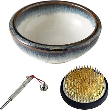 Wazakura Made in Japan Ikebana for Beginners Tool Kit, Minoyaki White & Blue Flower Vase, 2.4in 61mm Brass Kenzan Holder, Cleaner Minoyaki White & Blue Vase, Brass Kenzan, Care Tool