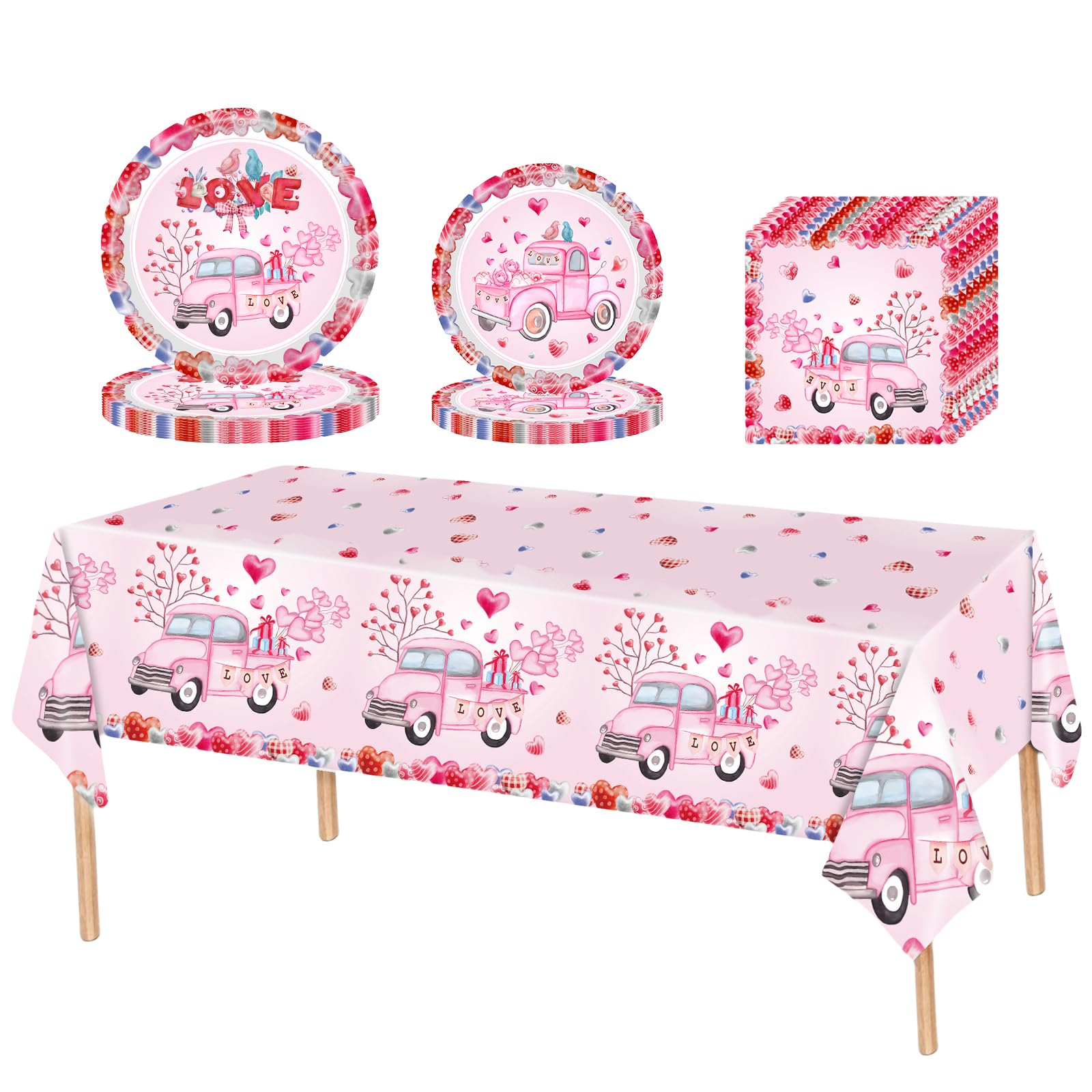 53Pcs Valentine's Day Disposable Party Tableware Kits Decorations for Lover,Pink Red Heart Party Table Cloth,7inch 9inch Paper Plates,Paper Napkins Tableware for Valentine's Day Birthday Wedding Party