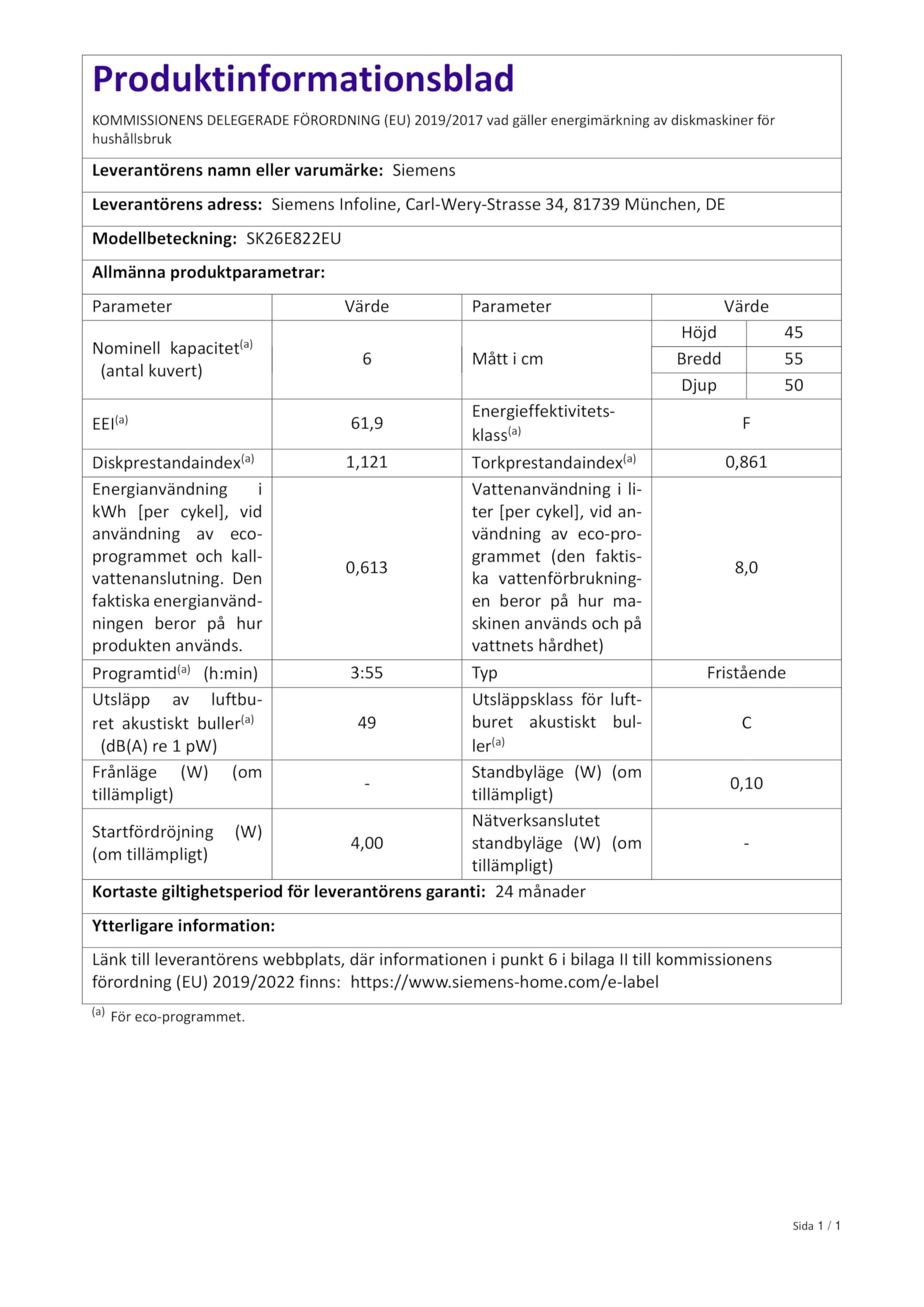 SIEMENS SK26E822EU Lavavajillas compacto independiente, Acero inoxidable lacado.