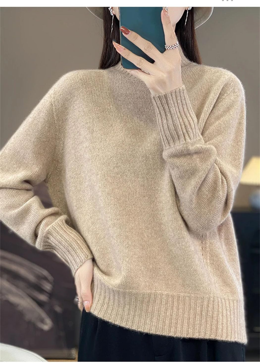 Women's Turtleneck Knit Sweater Long Sleeve Solid Color Loose Pullover Jumper Winter Elegent Thermal Sweatshirt