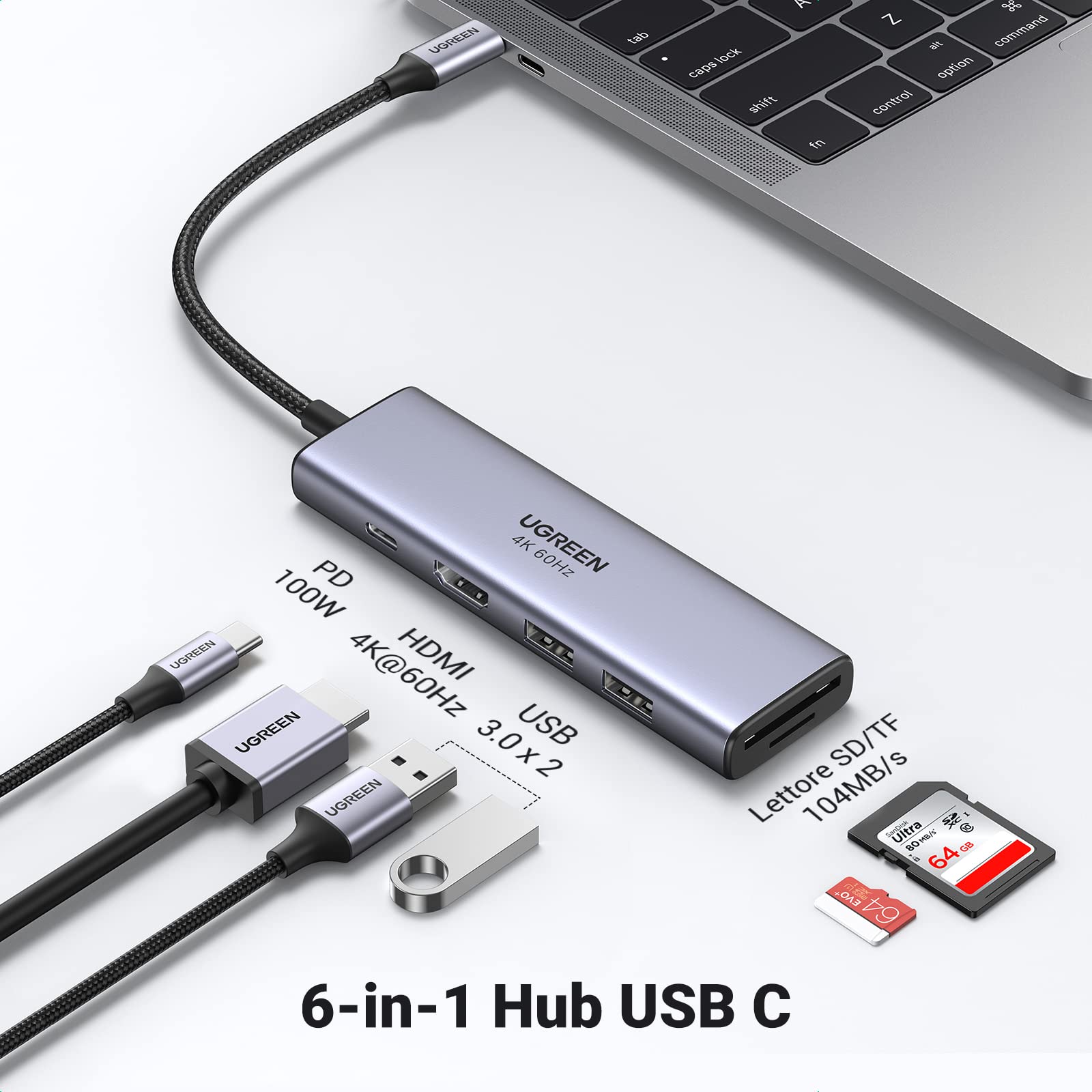 UGREEN 6-in-1 Hub USB C, HDMI 4K@60Hz, 100W Power Delivery, Lettore SD/TF, 2 Porte USB 3.0, Compatibile con MacBook Air/Pro M1, iPad Air/Pro M1, Surface Go, Galaxy Tab, ecc