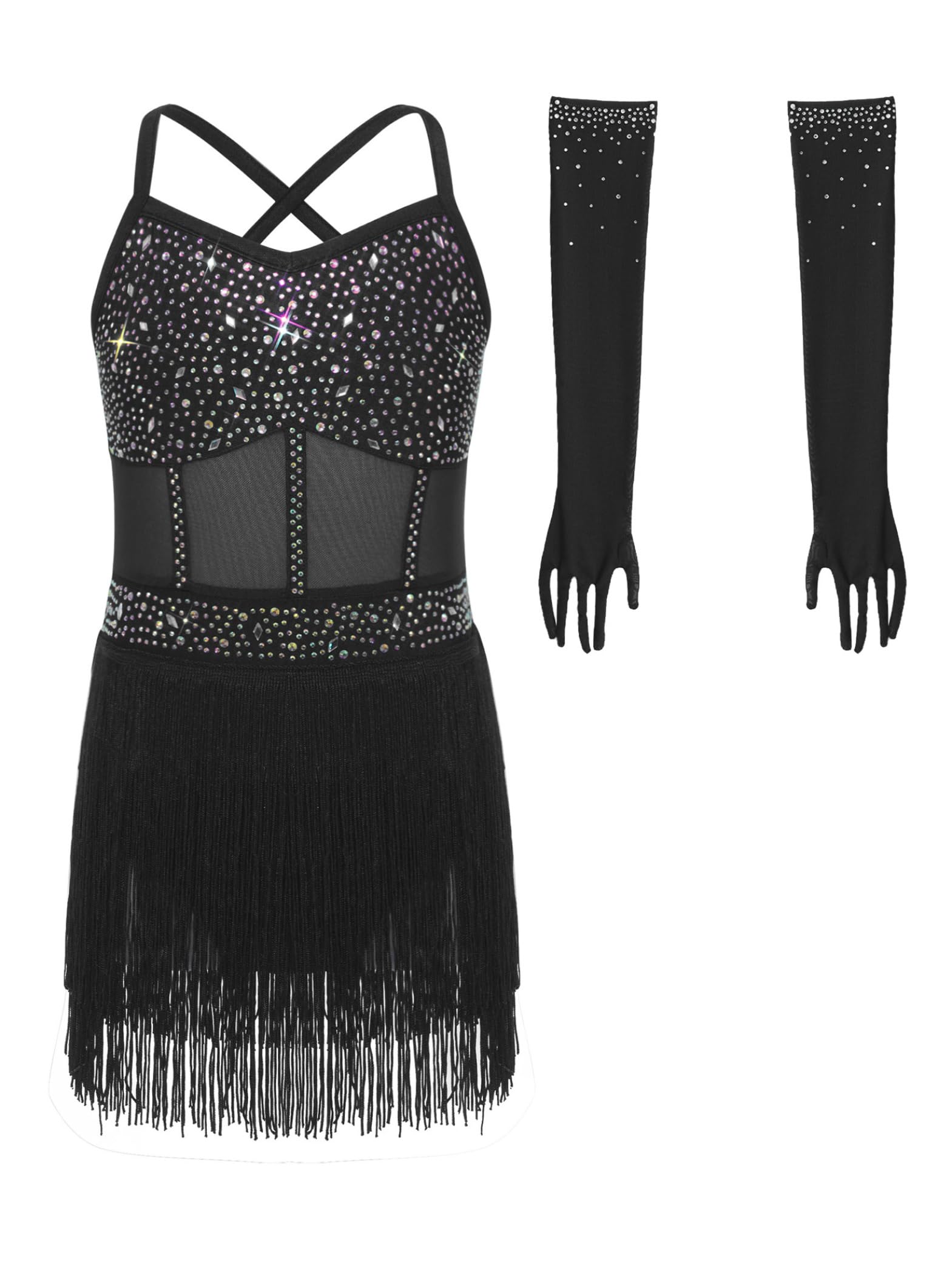 Vestido Baile Latino Niña con Brillo Vestido Charleston con Guantes con Franjilla Brillante Strass Traje Baile Moderno Cha Cha Salsa Y Jazz