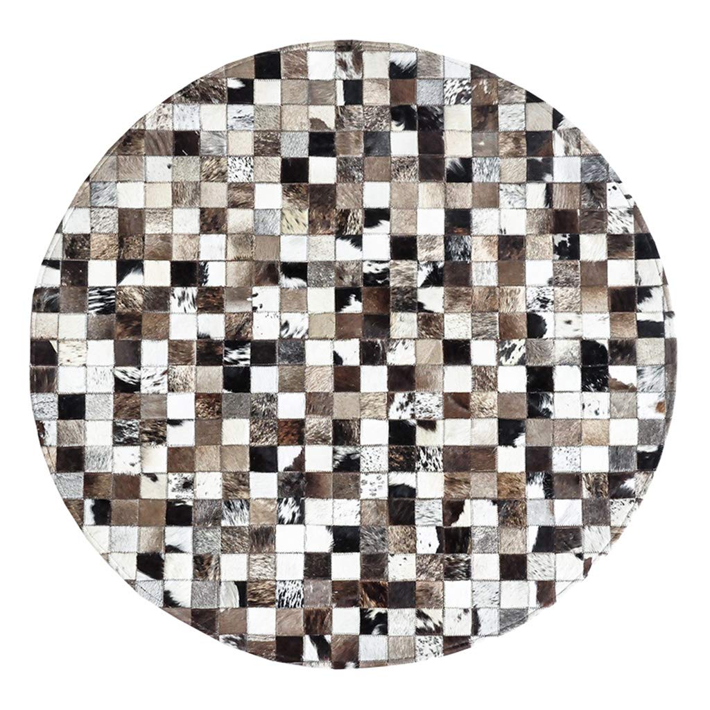 Tappeto Pelle di Mucca Patchwork, Tappeto rotondo cucito a mano in pelle sintetica europea, motivo geometrico, morbido e confortevole, facile da pulire, divano letto, tavolino da caffè, tavolino da