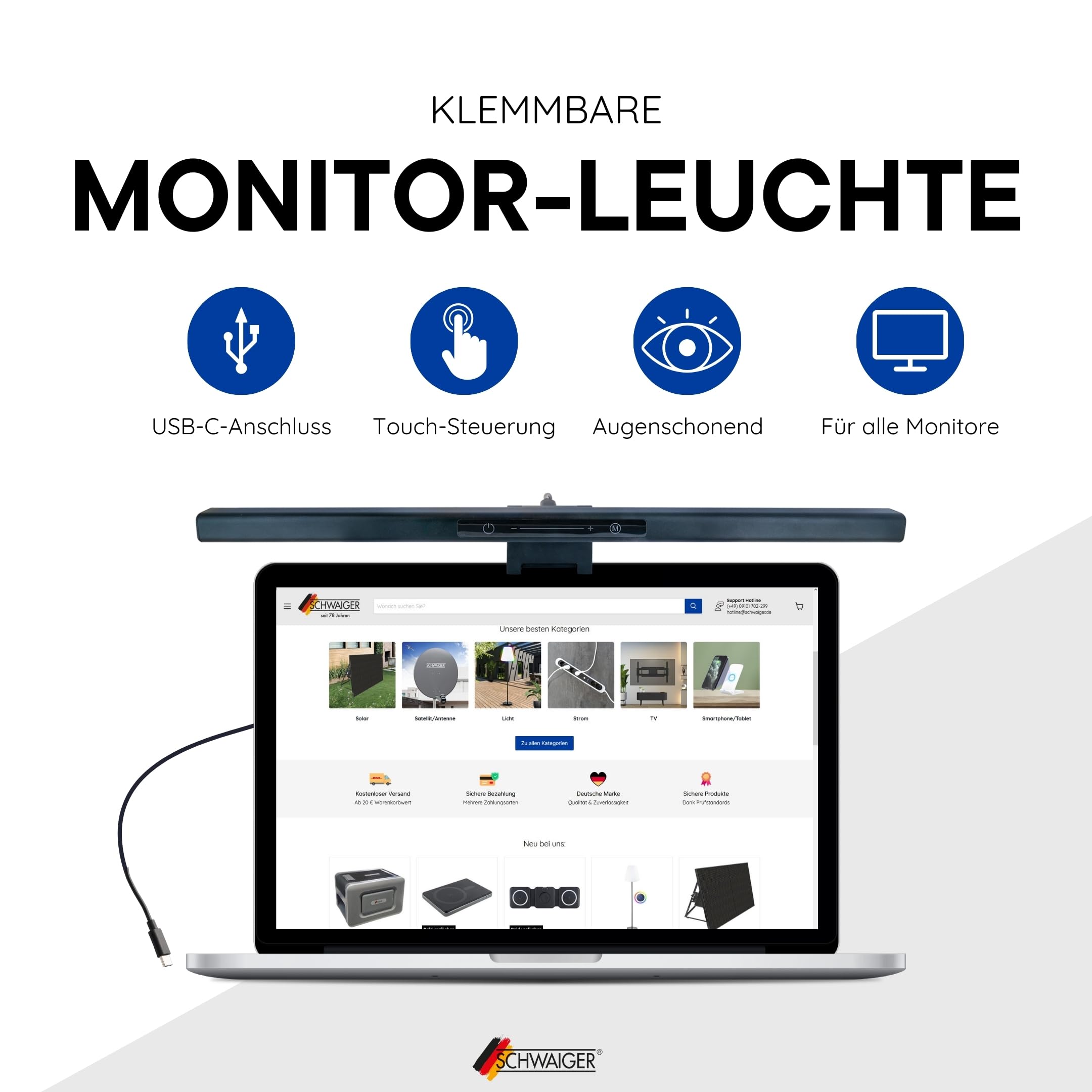 SCHWAIGER 659931 Lampe LED pour moniteur Capteur tactile intégré Lampe de bureau Screenbar Lumière du moniteur à intensité variable Connexion USB