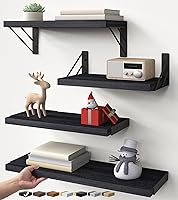 BAYKA Black Wood Floating Wall Shelves Set of 4 - Rustic Paulownia Shelves for Books, Decor, Kitchen Storage - Easy Install, 40lbs Capacity