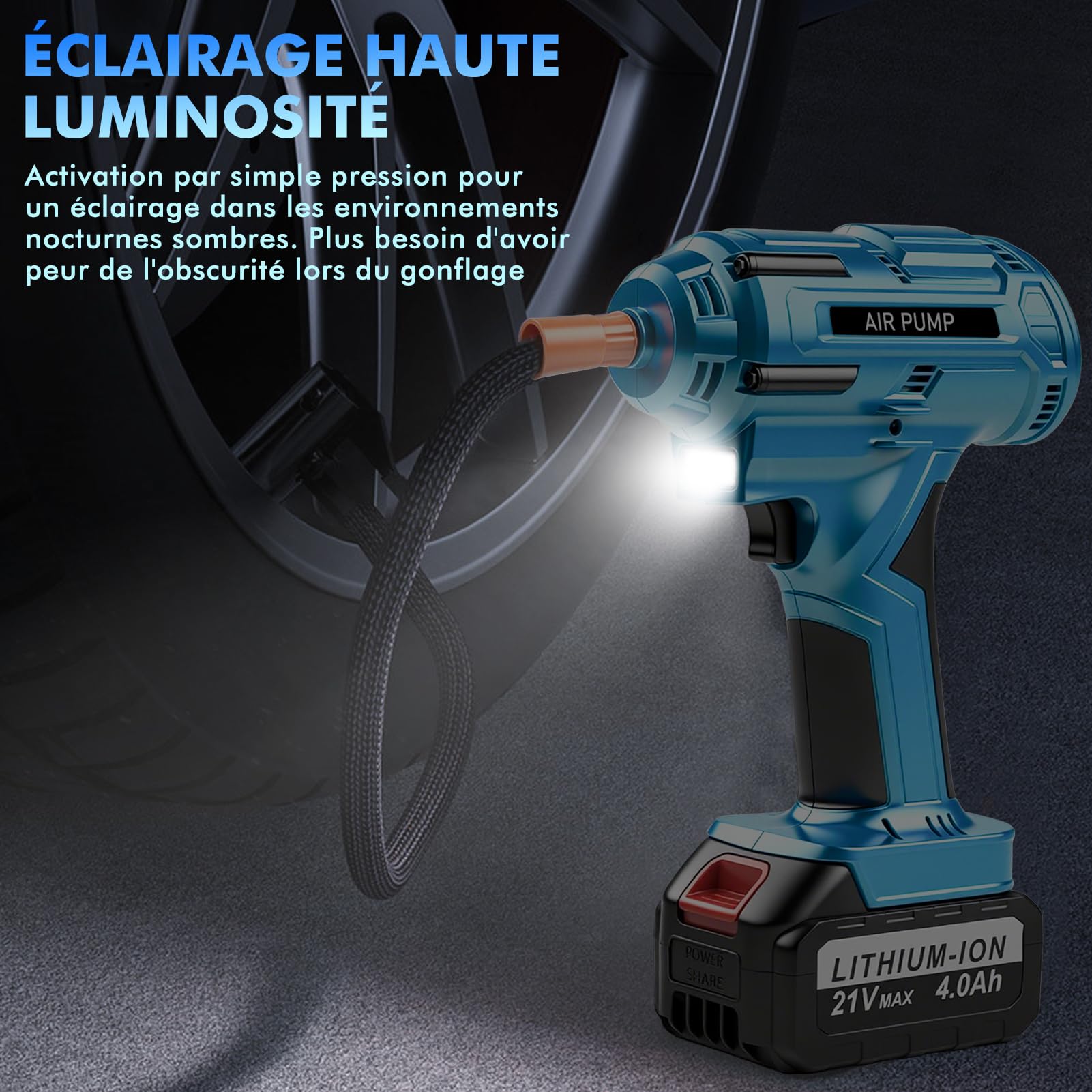 Compresseur à Air Portatif 150 PSI, Gonfleur Pneus Voiture sans Fil avec Manomètre et lampe LED, Pompe à Air Électrique Numérique à batterie 21V, Pompe à Célo, pour Voiture Moto Vélo Ballon