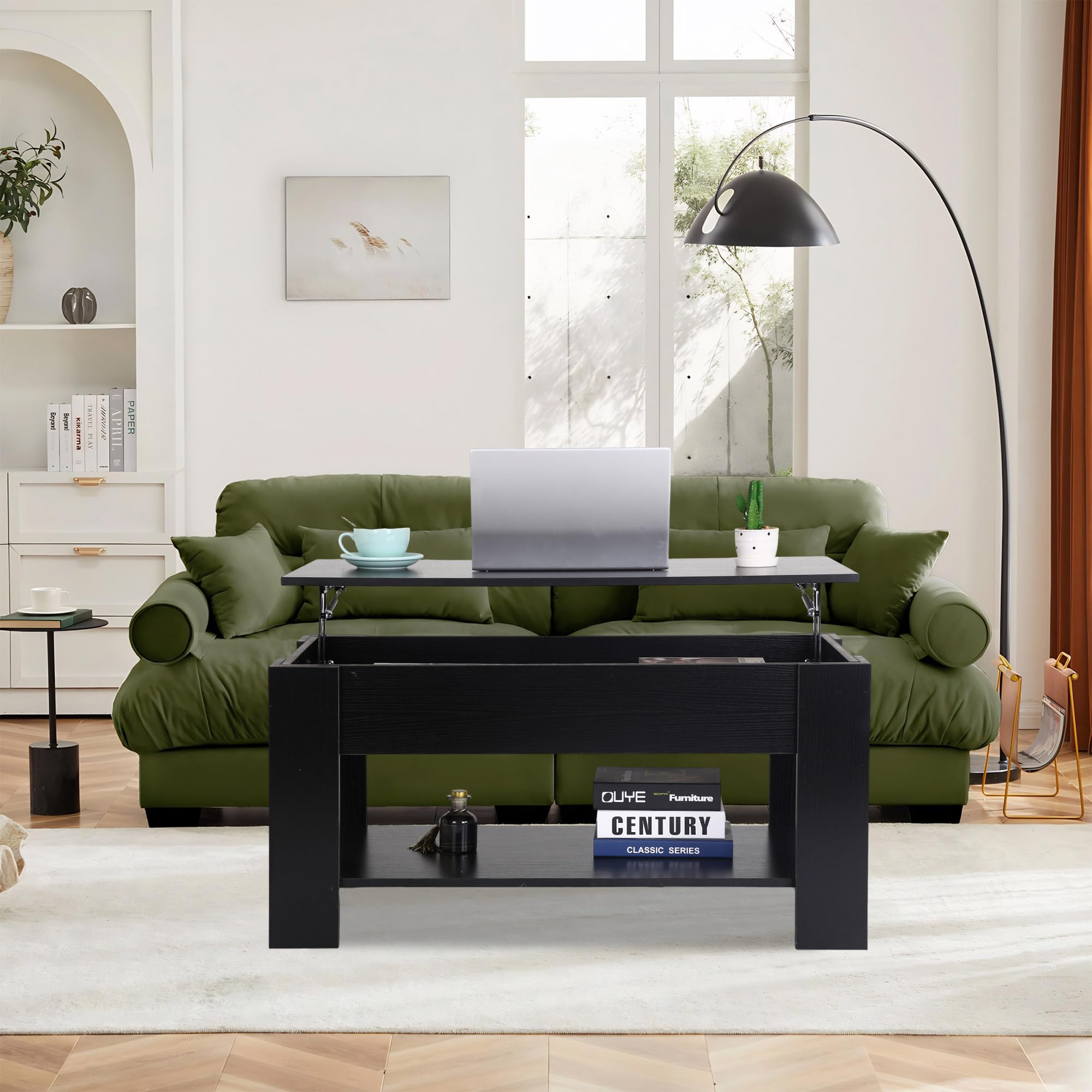 Modern Black Lift-Up Coffee Table with Hidden Storage Smooth Top Space Saving Wooden Center Table for Small Living