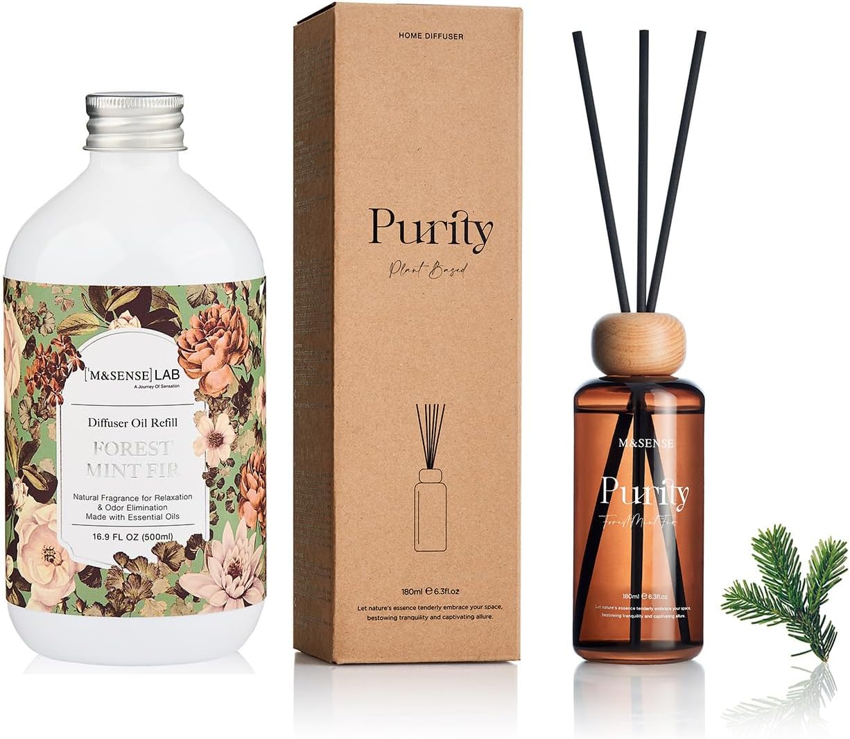 M&SENSE Forest Mint Fir Diffuser Bundle - 6.3oz Diffuser + 16.9oz Refill with 10 Sticks, Long-Lasting Non-Toxic for Home Office
