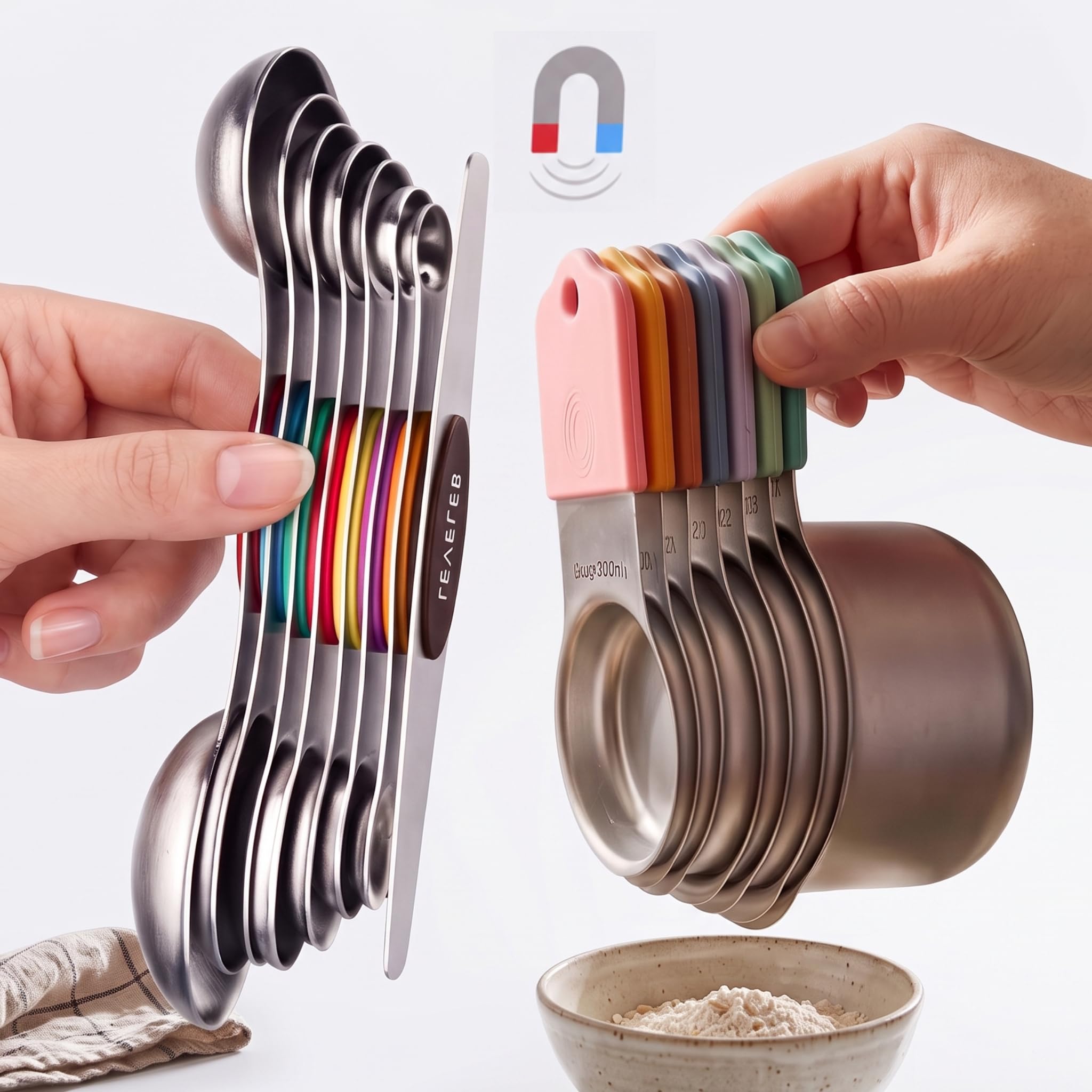EDELIN Juego de tazas y cucharas medidoras magnéticas, acero inoxidable, 7 tazas y 6 cucharas con 1 nivelador, acero inoxidable 18/8 304 (multicolor, 14 juegos)
