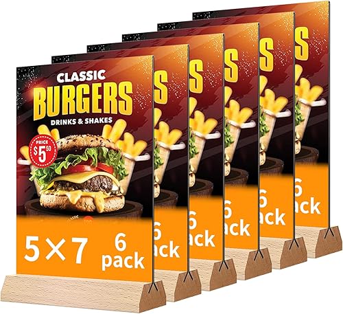 Miniatura 8 de Soporte acrílico de 5 x 7 pulgadas, soporte para volante transparente en forma de T con base de madera, paquete de 6 marcos de fotos de doble cara,