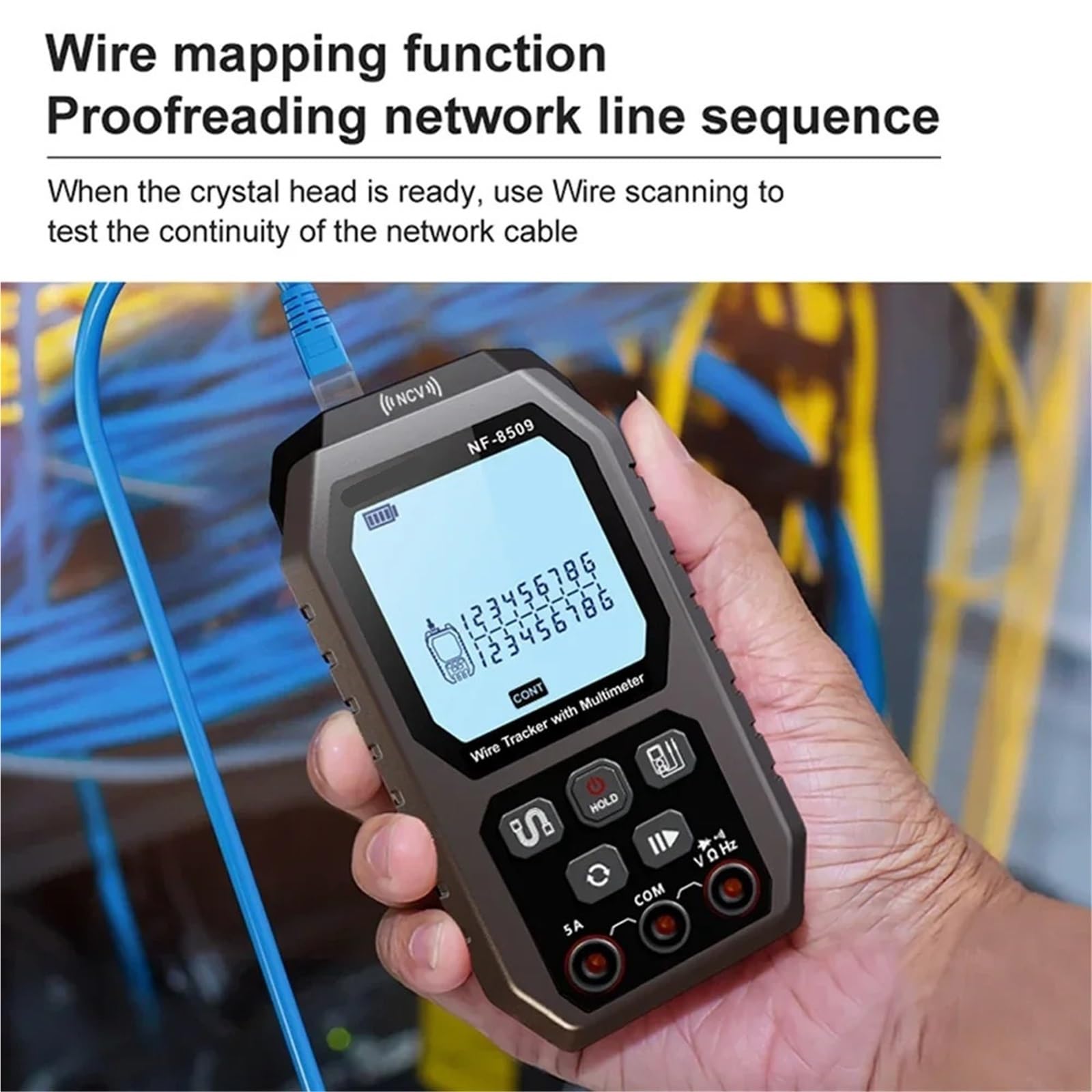 Tester for cavi di rete 2 in 1, multimetro digitale, rilevatore lunghezza, tester PoE Cat5 Cat6, test continuità Prove di trasmissione
