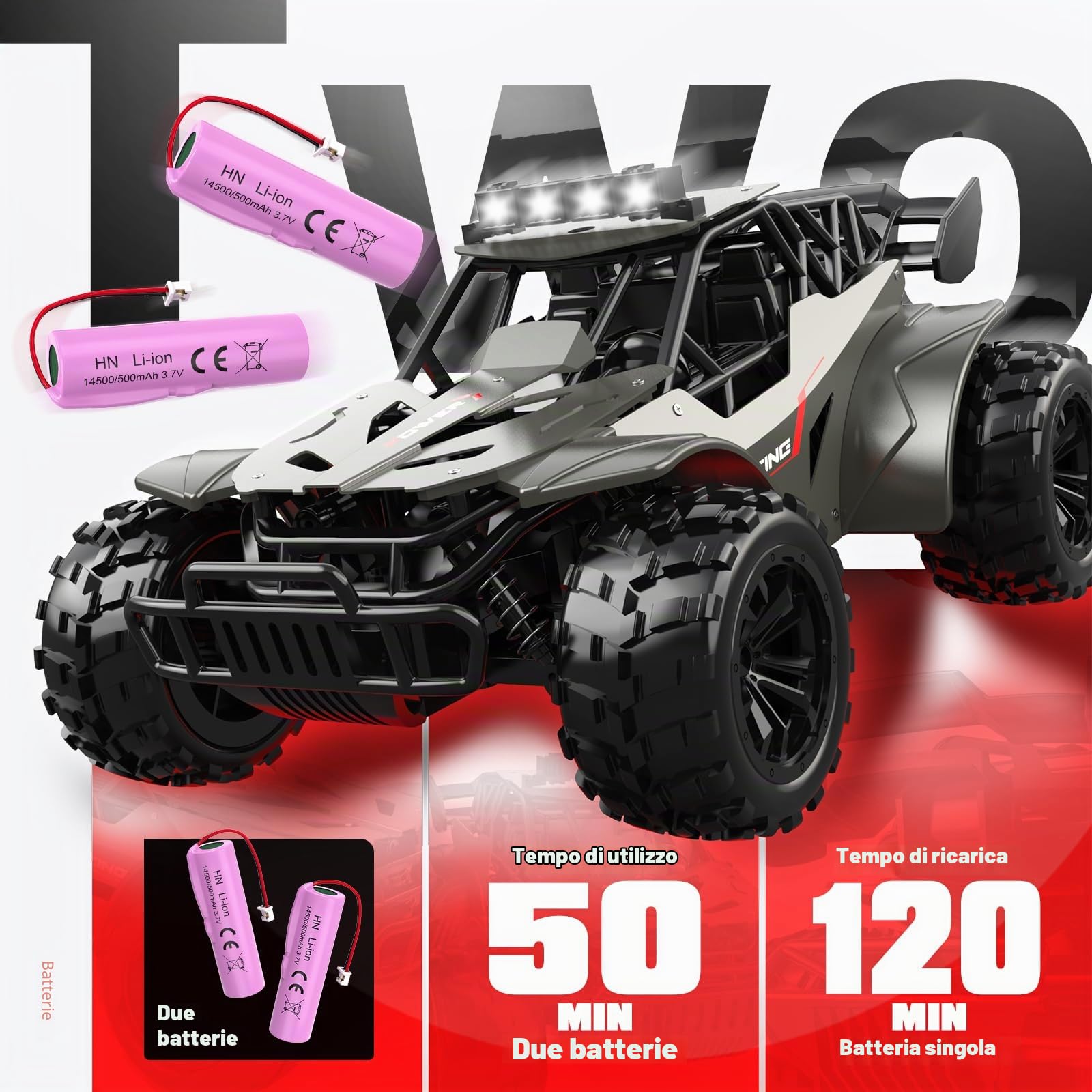 Macchina Telecomandata 2,4GHz Guscio Metallico Auto Telecomandata con Luci Due Batterie di 50 minuti Alta Velocità 20KM / H RC Auto Camion Telecomandato, Regalo Compleanno Natale