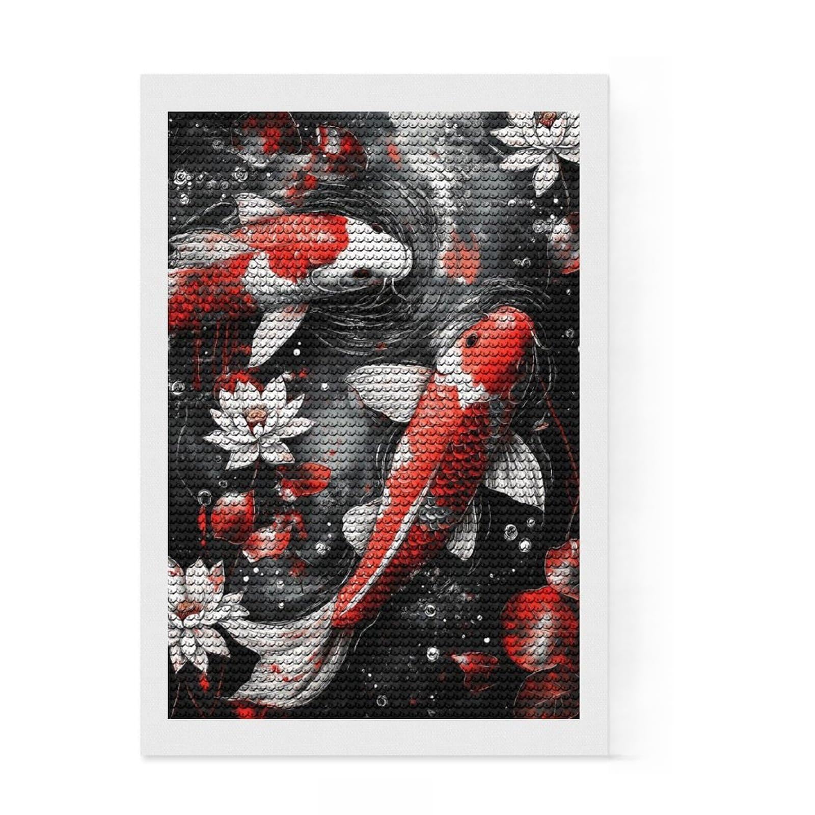 Junmoney Koi Fish Watercolor Art Diamond Painting Canvas Set 8"x12", for Women, Mindful Craft Activity, Cosy Home Accent, Festive Craft Gift