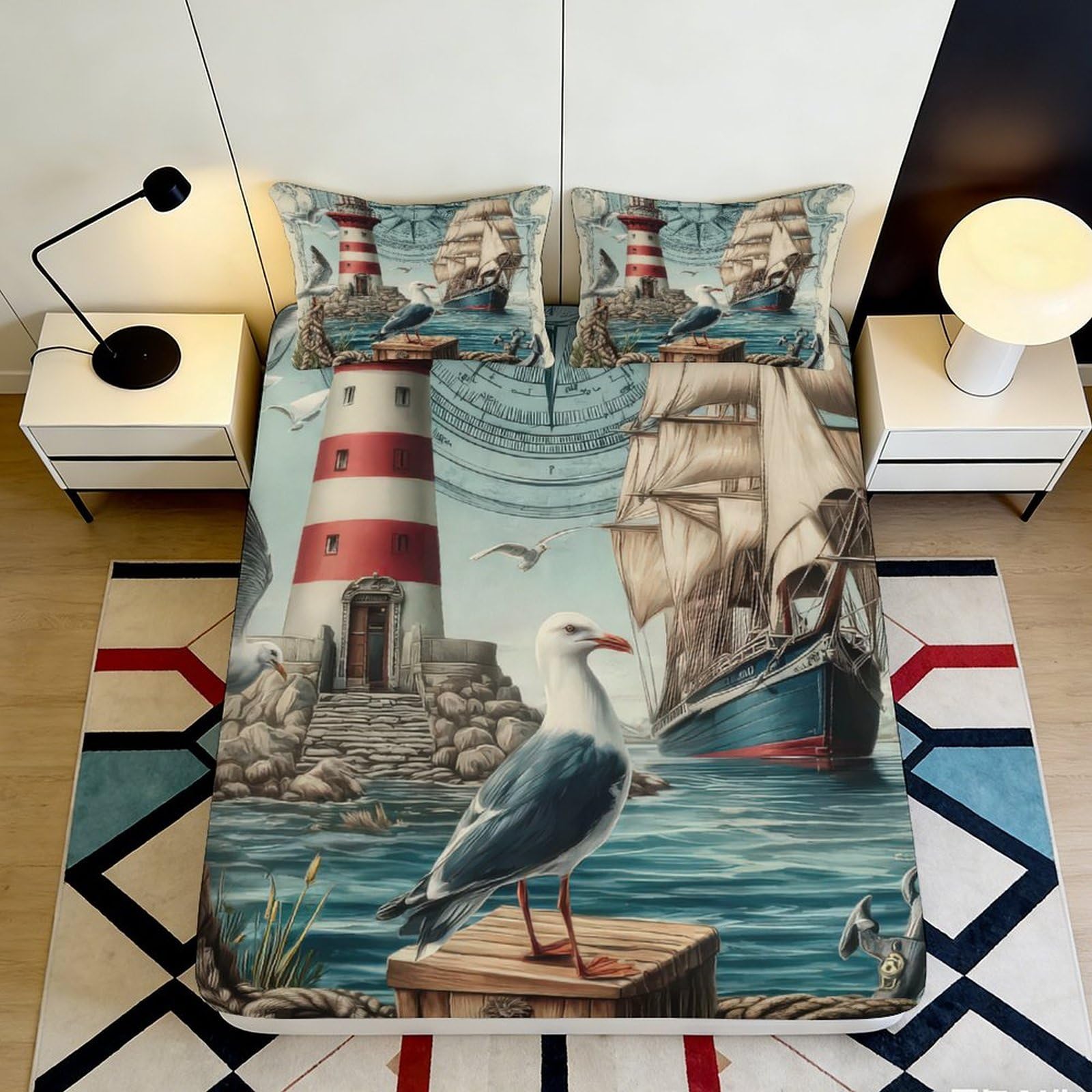 3D Printed Lighthouse Ocean Fitted Sheet Microfiber Soft Nautical Seagull Bed Cover for Bedroom Guest Room Decor 90x200x25cm