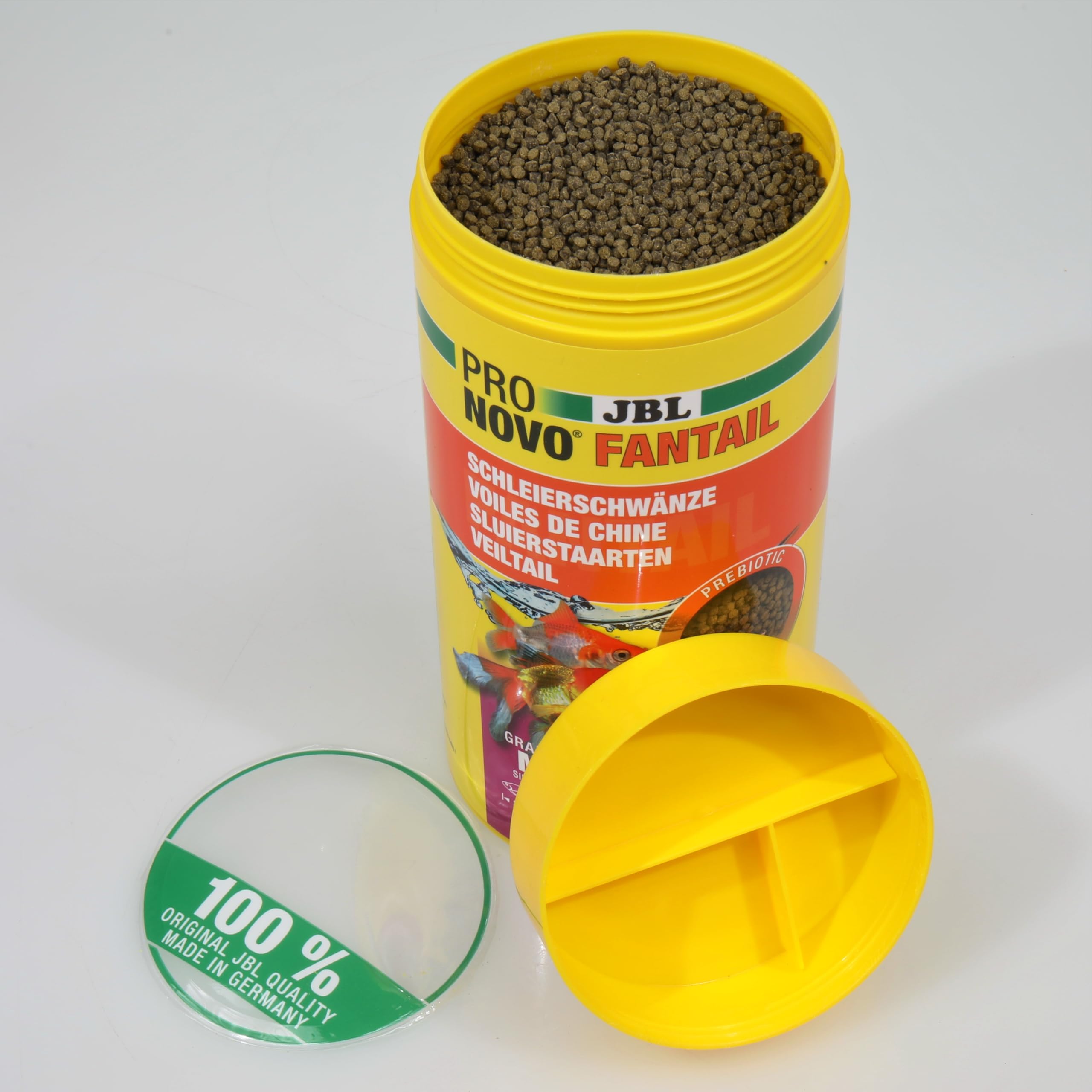 JBL PRONOVO FANTAIL GRANO, Aliment de Base pour Voiles de Chine et autres Variétés d’élevage de Poissons Rouges de 8-20 cm, Granulés pour Poissons, Doseur à Clic, taille M, 1 L