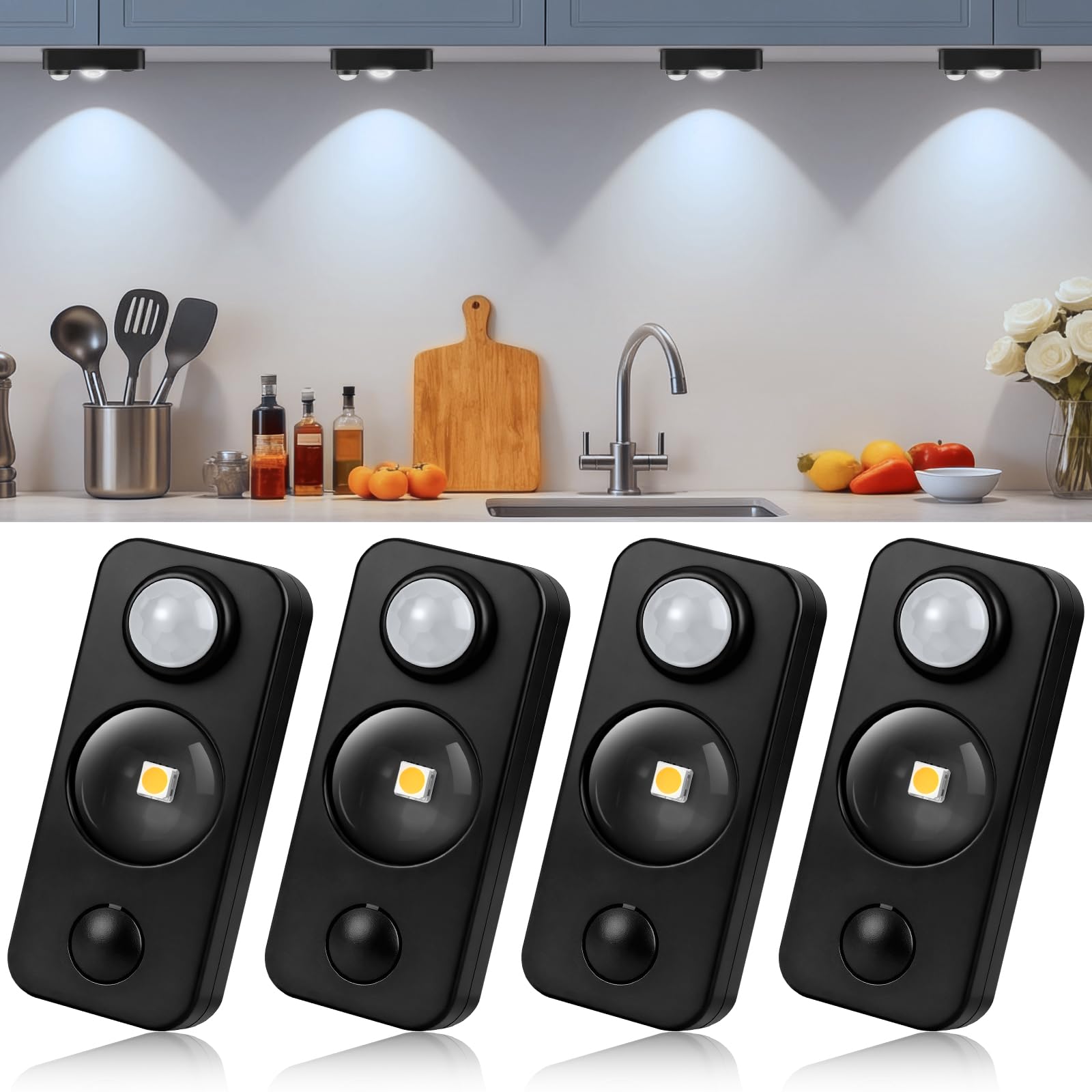 LED Motion Sensor Lights Indoor, Rechargeable Cupboard Lights with 3 Modes, Stick-On Dimmable Wireless USB Night Light for Wardrobe, Shelf, Stairs, Hallway, Under Cabinets, Daylight White(4 Pack)