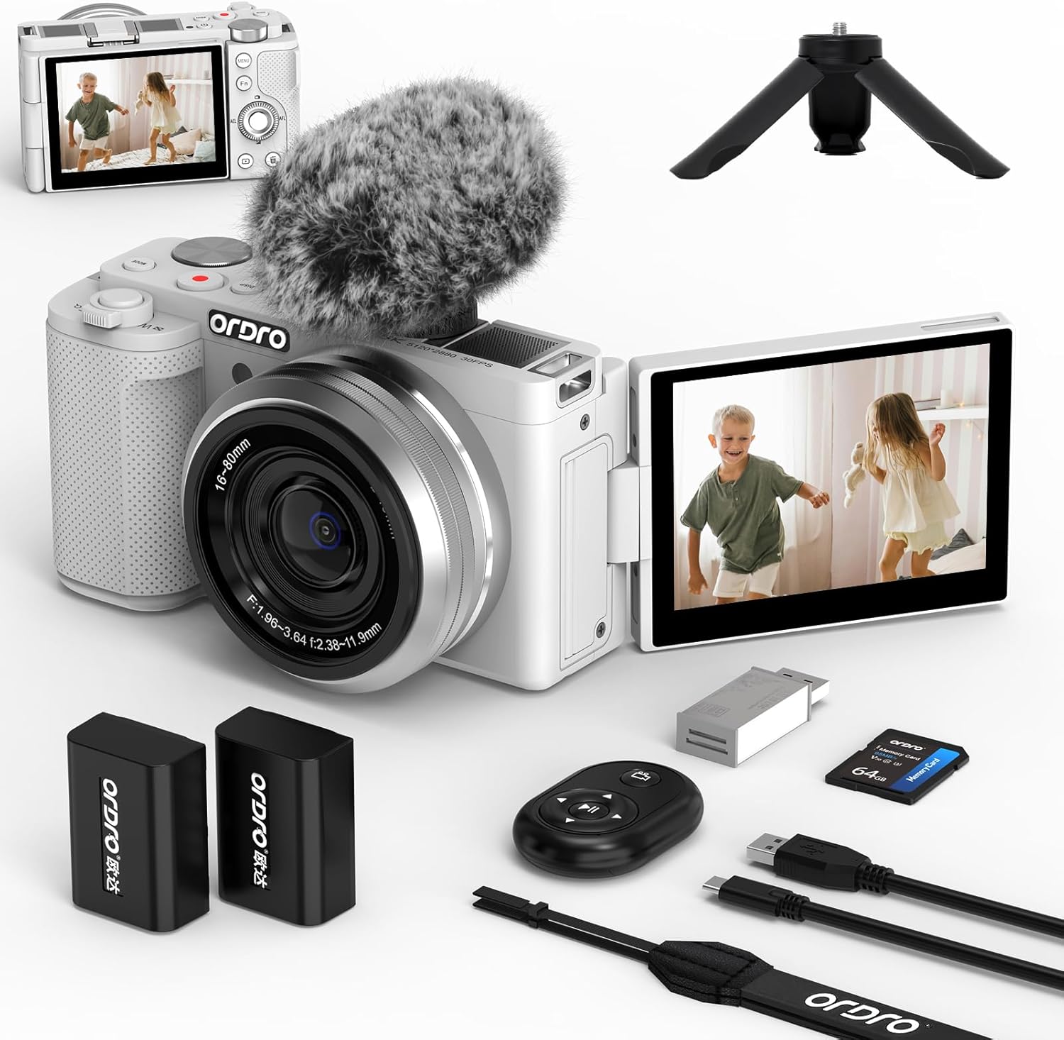 ORDRO 5K Digital Camera for Photography, 16-80 mm Wide Angle Cameras,15X Zoom Camera with 64GB Card, Vlogging Camera for YouTube w/Flip Screen, AutoFocus, WiFi & App Control