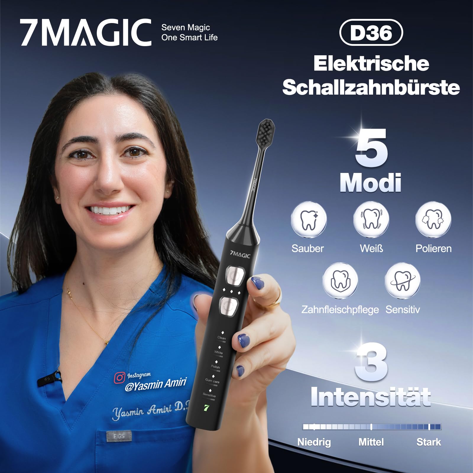 7MAGIC Spazzolino Elettrico Sonico Nero con 5 Modalità, 3 Livelli di Intensità, Autonomia fino a 180 Giorni, 40.000 Vibrazioni/Min, 8 Testine Incluse (6+2 Testine di Ricambio Originali)