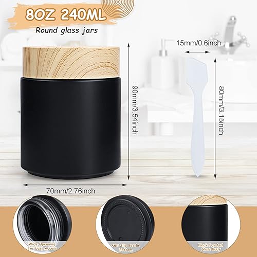 Miniatura 4 de Furnido Paquete de 6 tarros de vidrio redondos negros de 8 onzas, recipientes de vidrio vacíos para cosméticos con tapa de grano de madera de