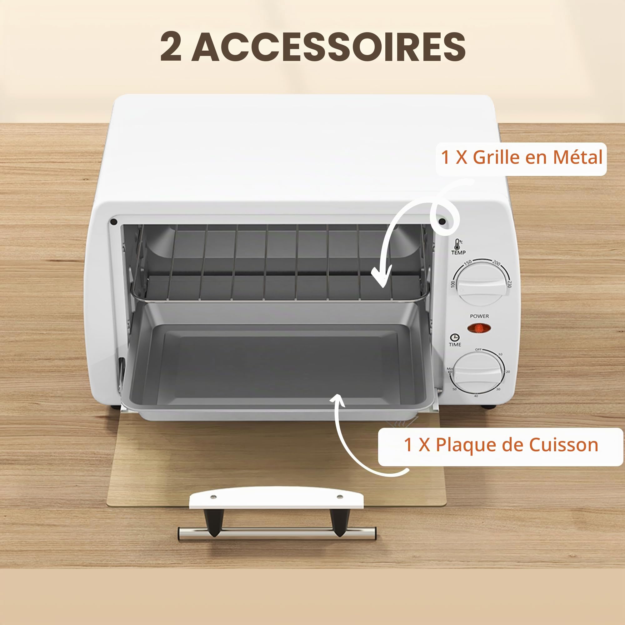 HOMCOM Four électrique de table 10 litres 750 W Petit four électrique avec température jusqu'à 230 ℃ Minuteur 60 minutes Plateau et grille 36,5 x 26 x 22 cm Blanc