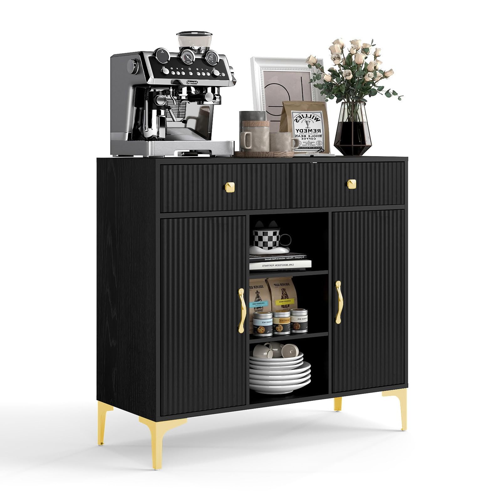 OBEKANN Black Sideboard Buffet Cabinet with Adjustable Shelves, Modern Storage Cabinet with Drawers and Doors, Sleek Buffet for Dining Room, Living