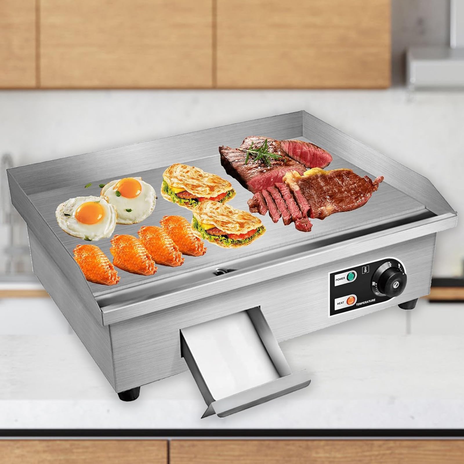 Piastra elettrica da appoggio da 22", Piastra elettrica Commerciale con Controllo della Temperatura Regolabile, Piedino Antiscivolo, griglia Interna per Pancake, Uova, Hamburger
