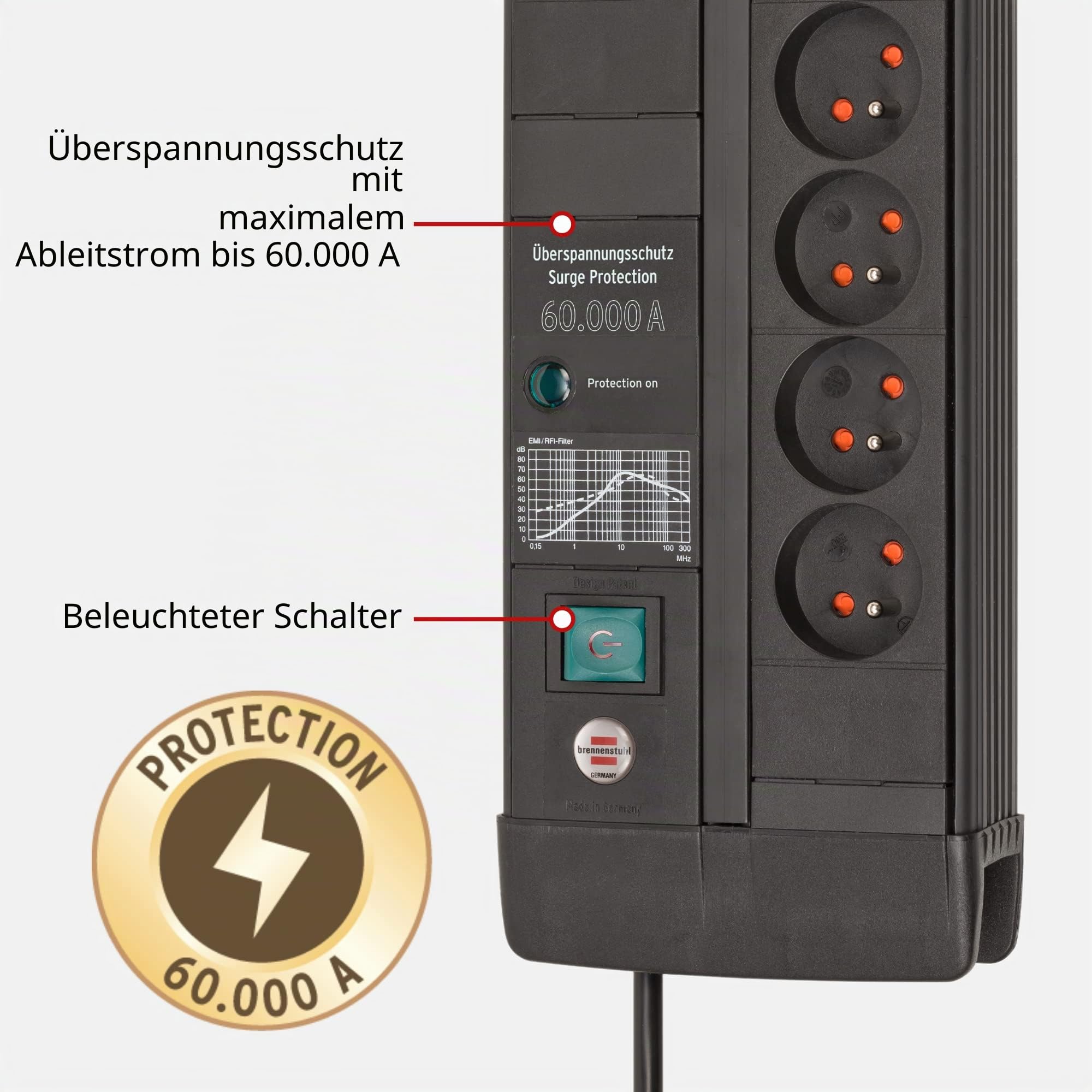 Brennenstuhl Premium-Line, Steckdosenleiste 8-Fach mit Überspannungsschutz | 3m Kabel, mit Schalter, Made in Germany, grau