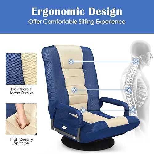 Miniatura 5 de KOMFOTT Silla de suelo para juegos, silla giratoria de 360 con respaldo ajustable de 6 posiciones, reposabrazos, soporte lumbar, sillas plegables