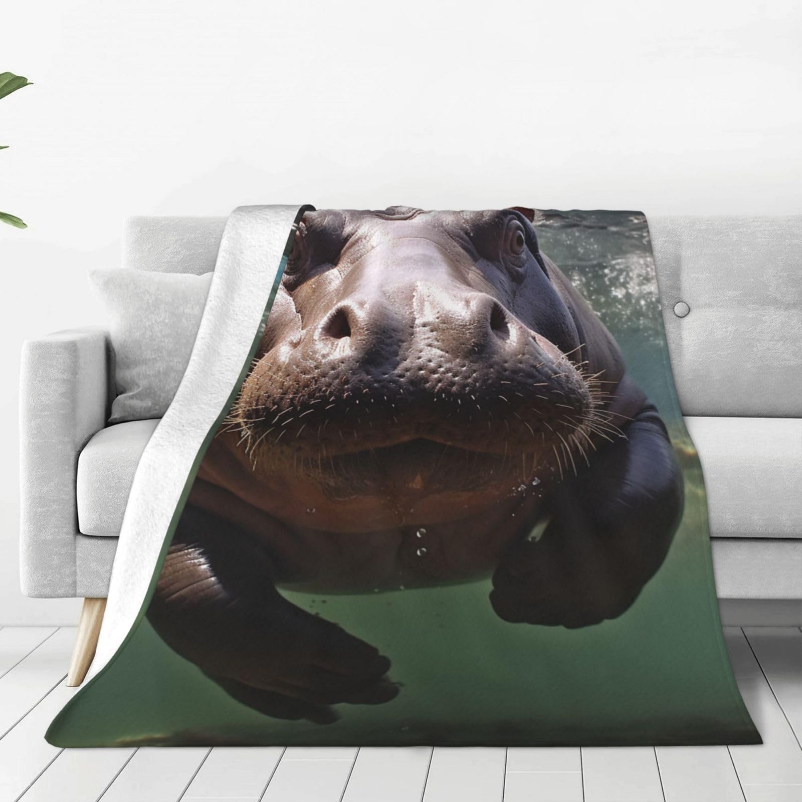 KLOPH Diving Hippo Throw Blanket 50"x40" Flannel Fluffy Warm Blanket for Couch, Reversible Plush Blankets for Bed, Comfy Fuzzy Blanket for Sofa, Plush Lightweight-Blankets for All Season