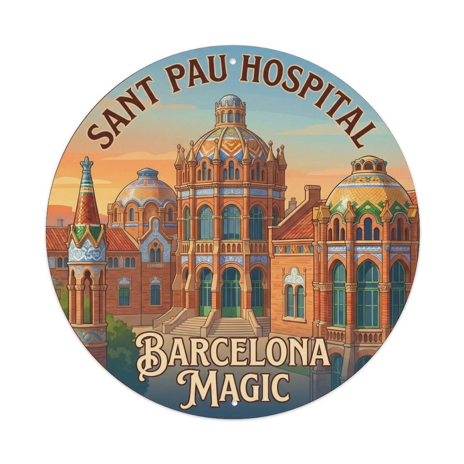 Barcelona Historic Hospital Vintage Travel Catalan Heritage Metal Tin Sign Plaque Wall Decor for Cafe, Man Cave, Club Bar, Office, Home Garden Round Metal Poster 8x8Inch