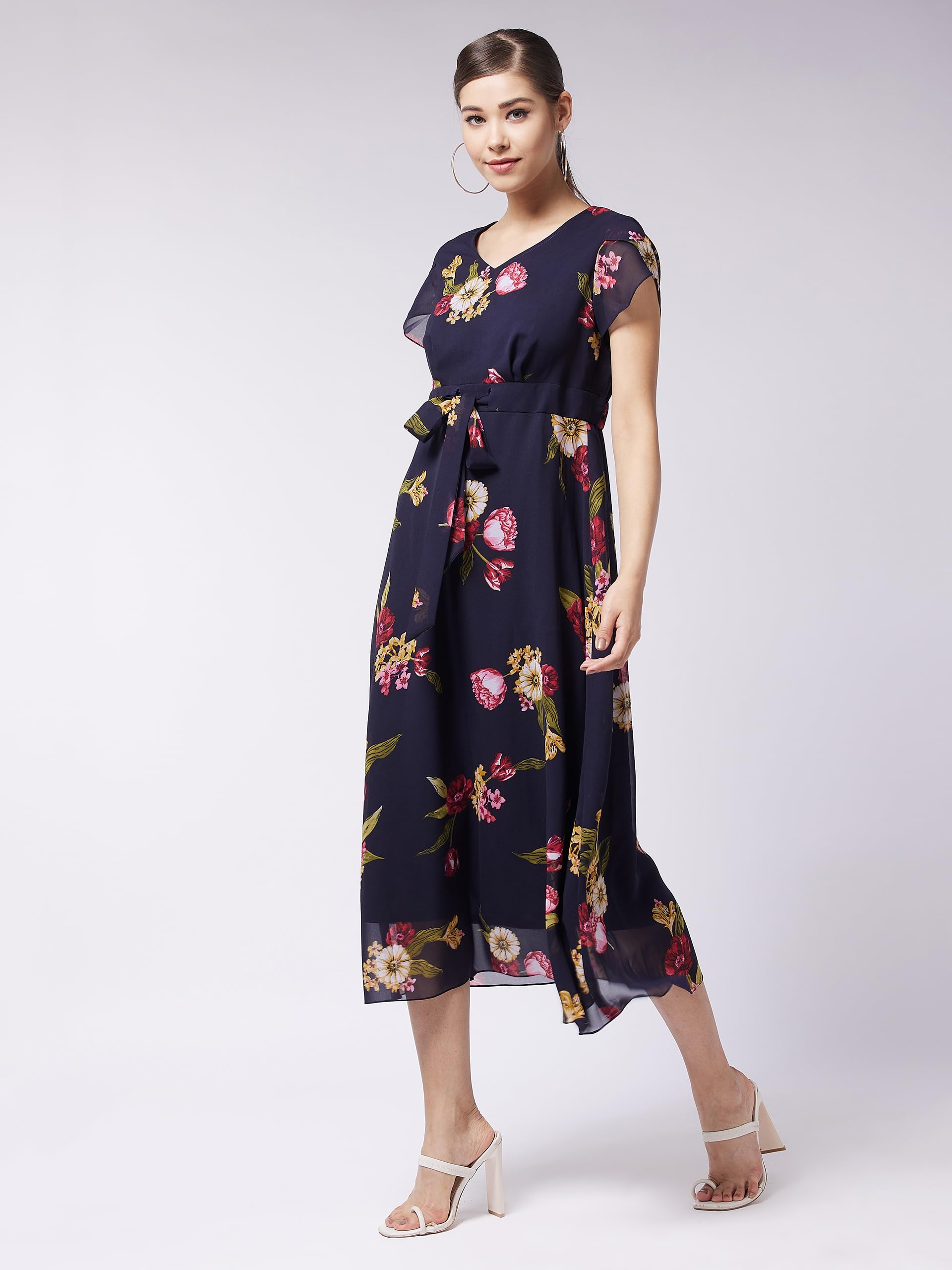 Miss Chase Women's V-Neck Short Sleeve Floral Pleated Midi Dress (Mcaw21D14-87-178-05, Multicolored-Base-Navy Blue, L)