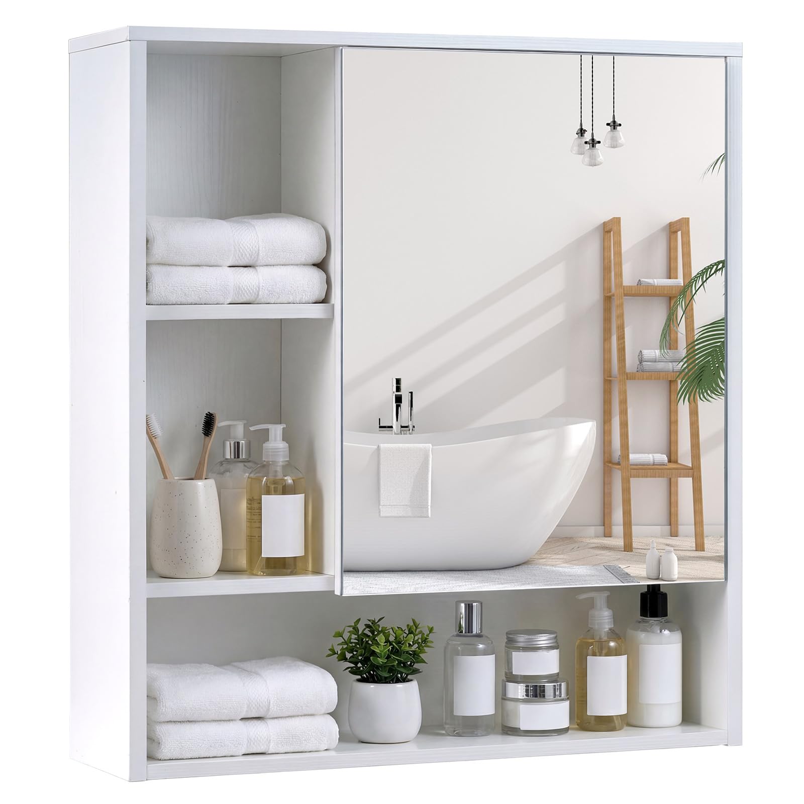 COSTWAY Bathroom Mirror Cabinet, Wall Mounted Storage Cupboard with Single Door and 3 Open Shelves, Wooden Bathroom Unit Wall Medicine Cabinet for Living Room, Kitchen, Hallway (White, 56x16x61cm)