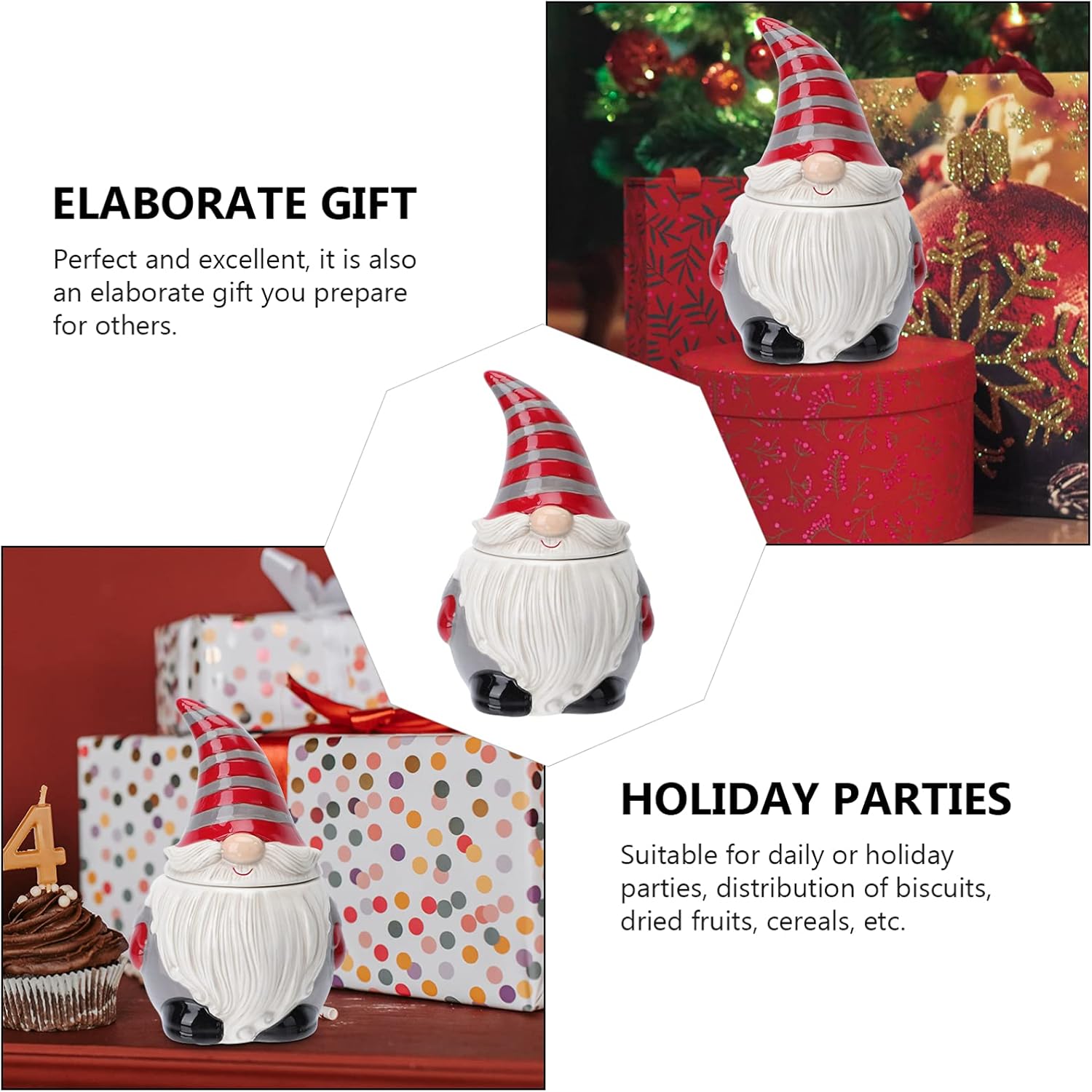DOITOOL Ceramic Gnome Cookie Jar, Ceramic Christmas Candy Cookie Jar with Lid, for Christmas Decoration, Living Room, Centerpieces, Bedroom - 4.7 x 4.7 x 6.9 inch