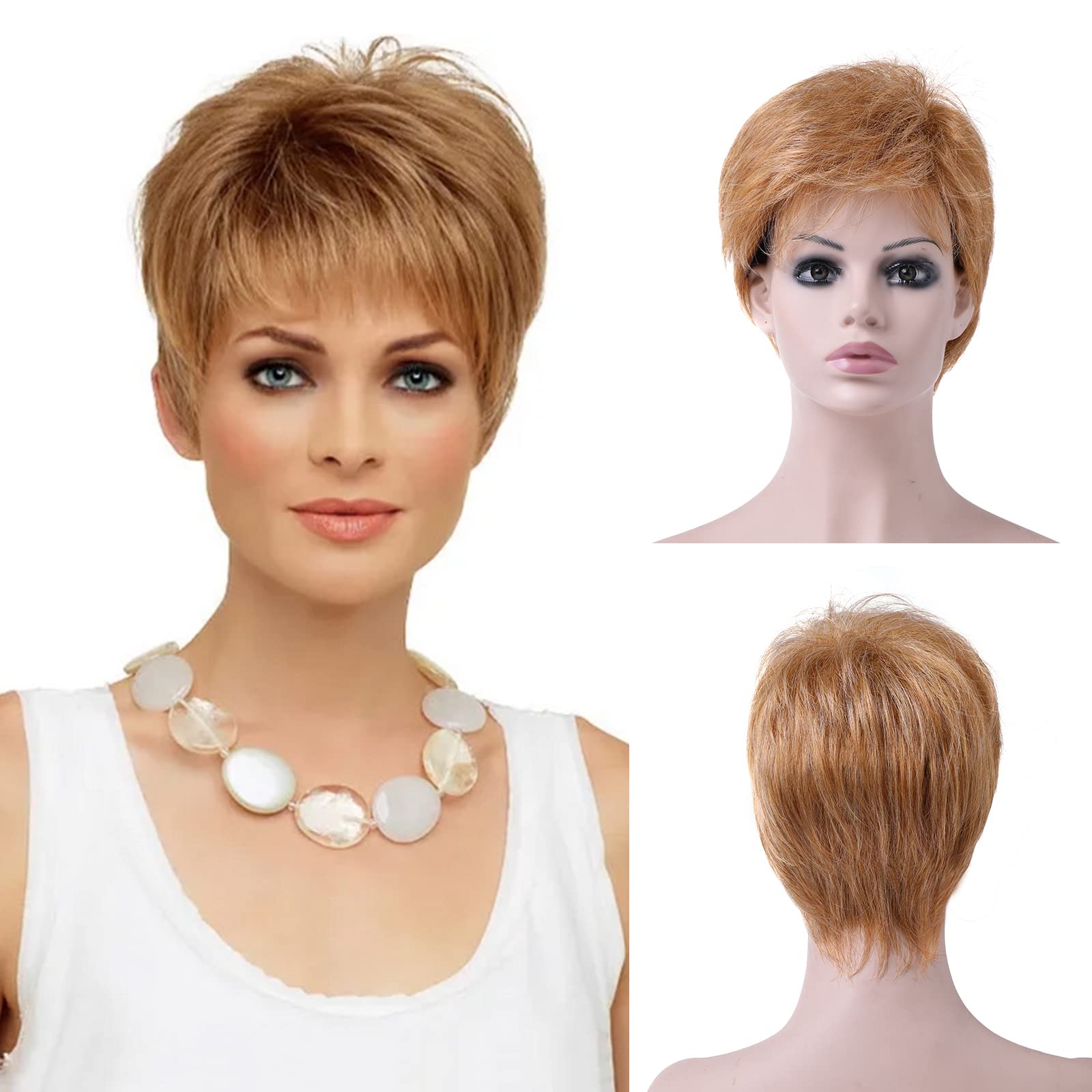 Baby Plum Short Pixie Cut Strawberry Blonde Wig with Bangs High Temperature Kanekalon Synthetic Silky Straight Realistic Wigs for Women with Wig Cap