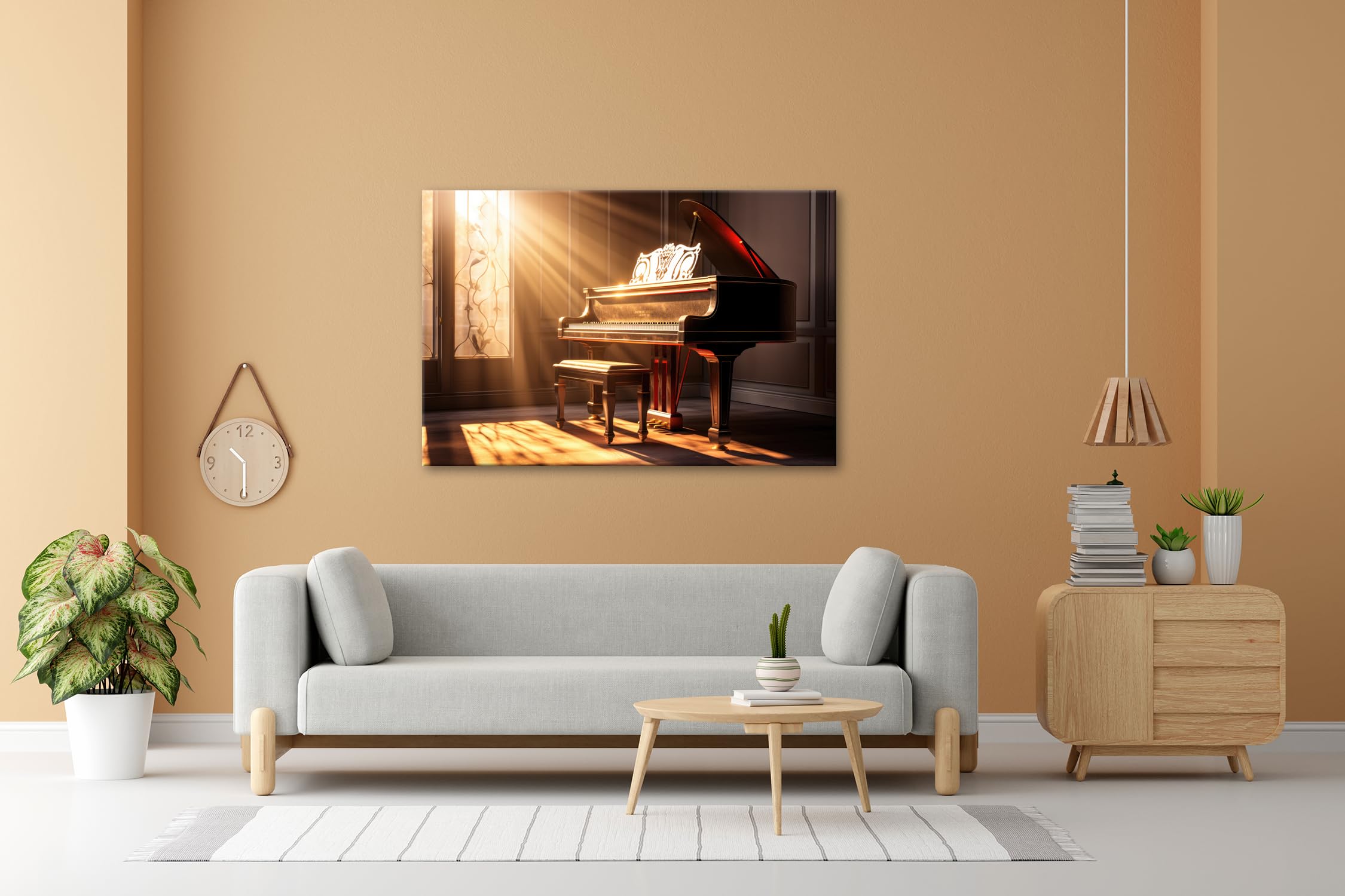 deyoli Leinwandbild Sonnenküsse auf Tasten – ein Klavier im goldenen Morgen. Format: 100x70cm XXL Kunstdruck Bild auf Keilrahmen/Wandbild/Wohnzimmer Dekoration