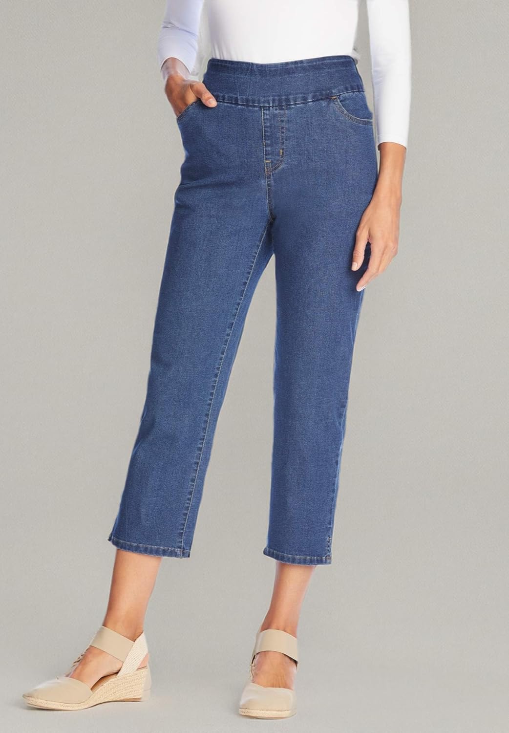 Woman Within Plus Size Pull-On Flex Elastic-Waist Stretch Denim Capri Jeans